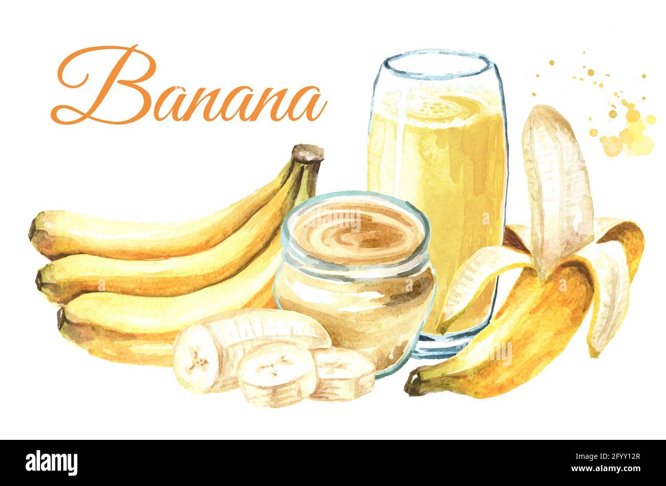 Banana card. Watercolor hand drawn illustration, isolated on white background Stock Photo