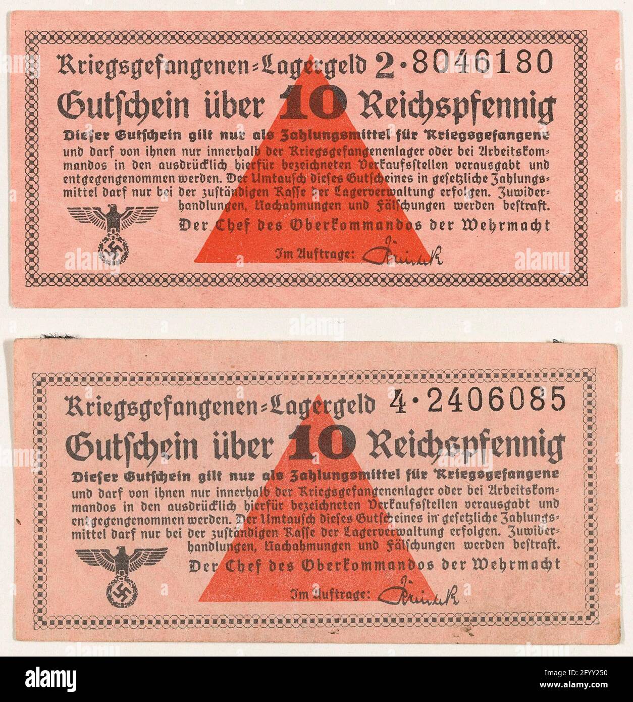 Kamp money of the former prisoner D. van Maarseveen from the German  prisoner of war camp Stalag IV B in Mühlberg a / d Elbe. Two bills of 10  pfennig .. Two