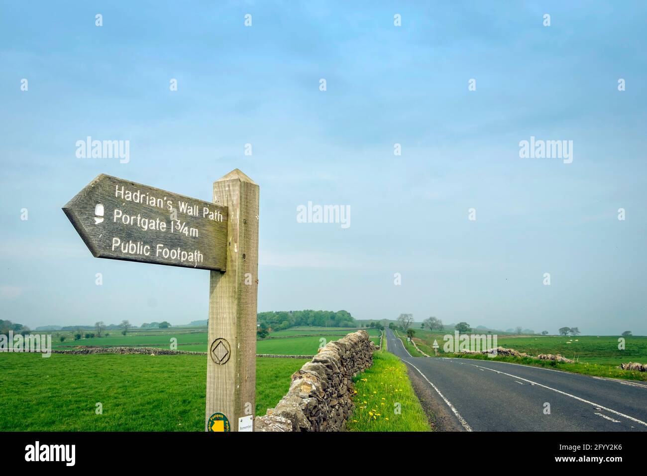 wooden Hadrian's Wall path sign in front of military road