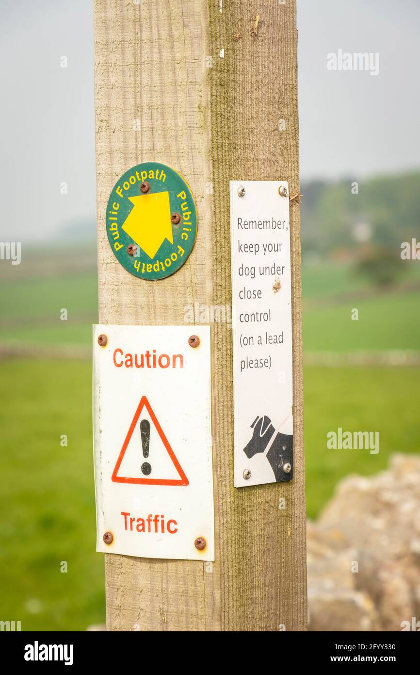 footpath labels on sign Hadrian's Wall Northumberland Stock Photo - Alamy