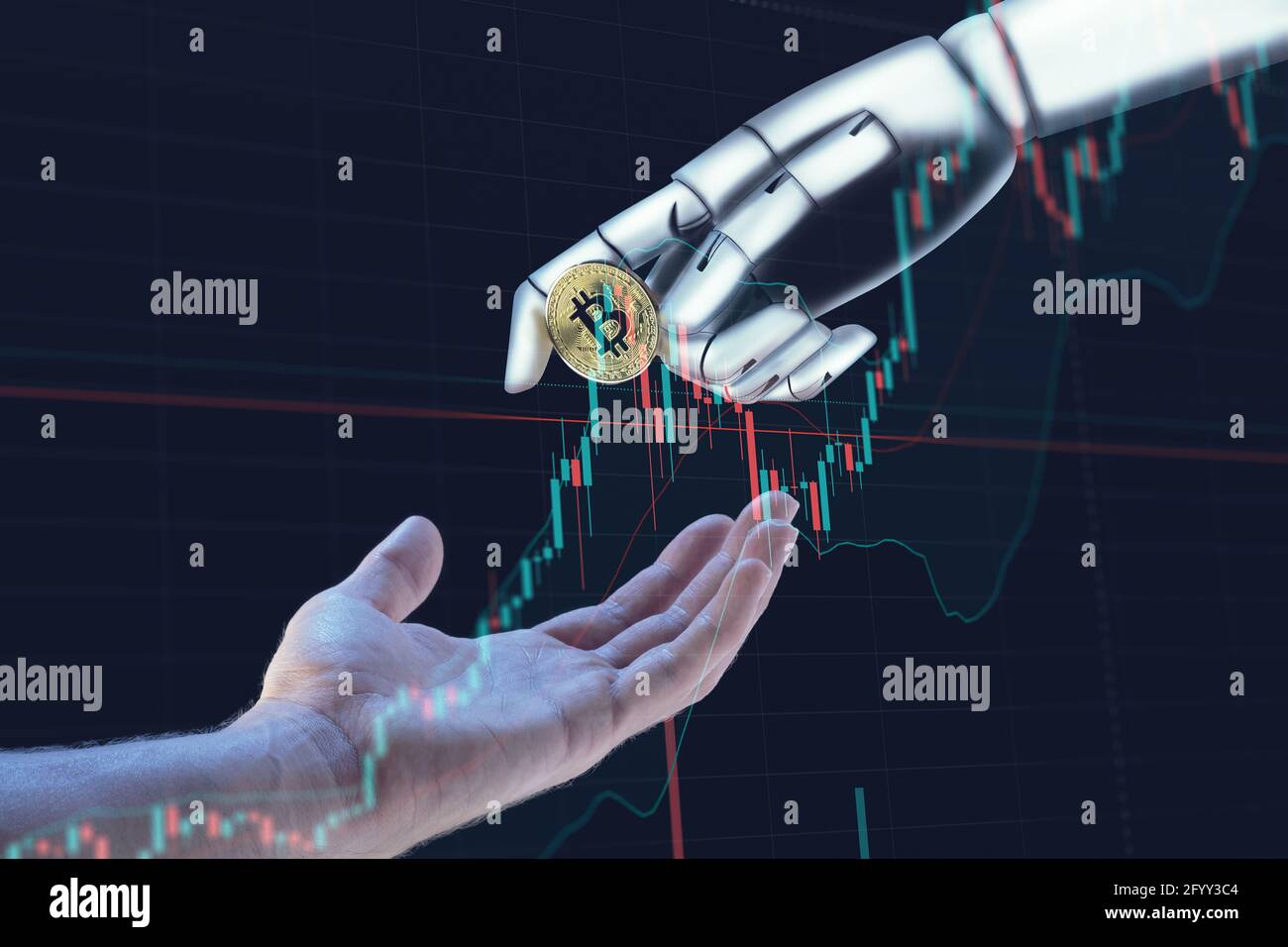 Robot hand giving a Bitcoin to an human hand on a black background ...