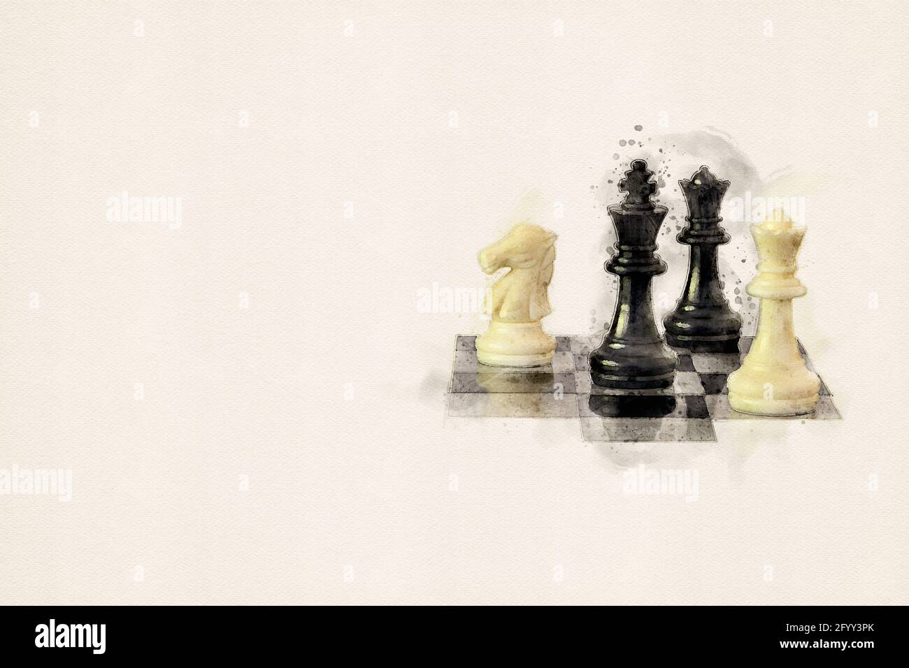 Chess game. Chess pieces on chess board, isolated with copy space. Aquarelle, watercolor illustration. Stock Photo