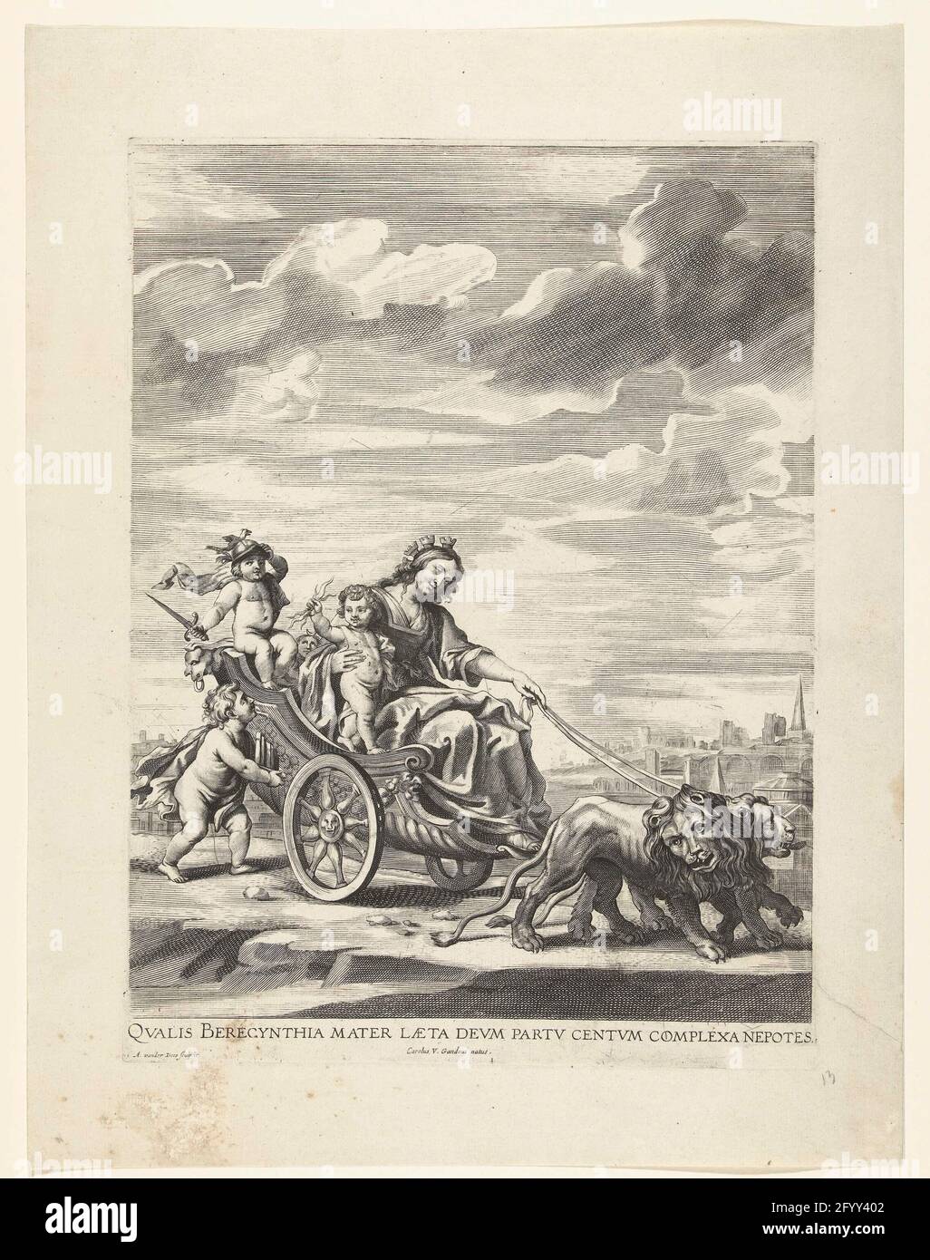 Allegory with the city mawn from Ghent in her chariot; entry from Ferdinand in Ghent in 1635 (no. 13); Qualis Berecynthia Mater Laeta Deum Partu Centum Complexa Nepotes / Carolus V. Gandavi Natus; Tabula I. Adversae Partis. Cybele Ganda Opposita. Allegory with the city mawn from Ghent in her chariot drawn by lions. Allegory with Cybele such as Ghent as the birthplace of Emperor Charles V. Performance at the top of the rear of the triumph port Arcus Fernandi on the Friday market. Leaf No. 13 in a set of 42 plates that illustrate the publication of the description of the arrival of the Cardinal Stock Photo