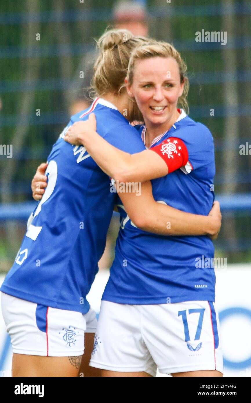 Milngavie, West Dunbartonshire, UK. 30th May 2021. GOAL! Rachel McLauchlan (#12) Rangers Women FC gets a hug from team captain Clare Gemmell (#17) of Rangers Women FC during the Scottish Building Society Scottish Women's Premier League 1 Fixture Rangers FC vs Motherwell FC, Rangers FC Training Complex, Milngavie, West Dunbartonshire, 30/05/2021.  | Credit Alamy Live News Stock Photo