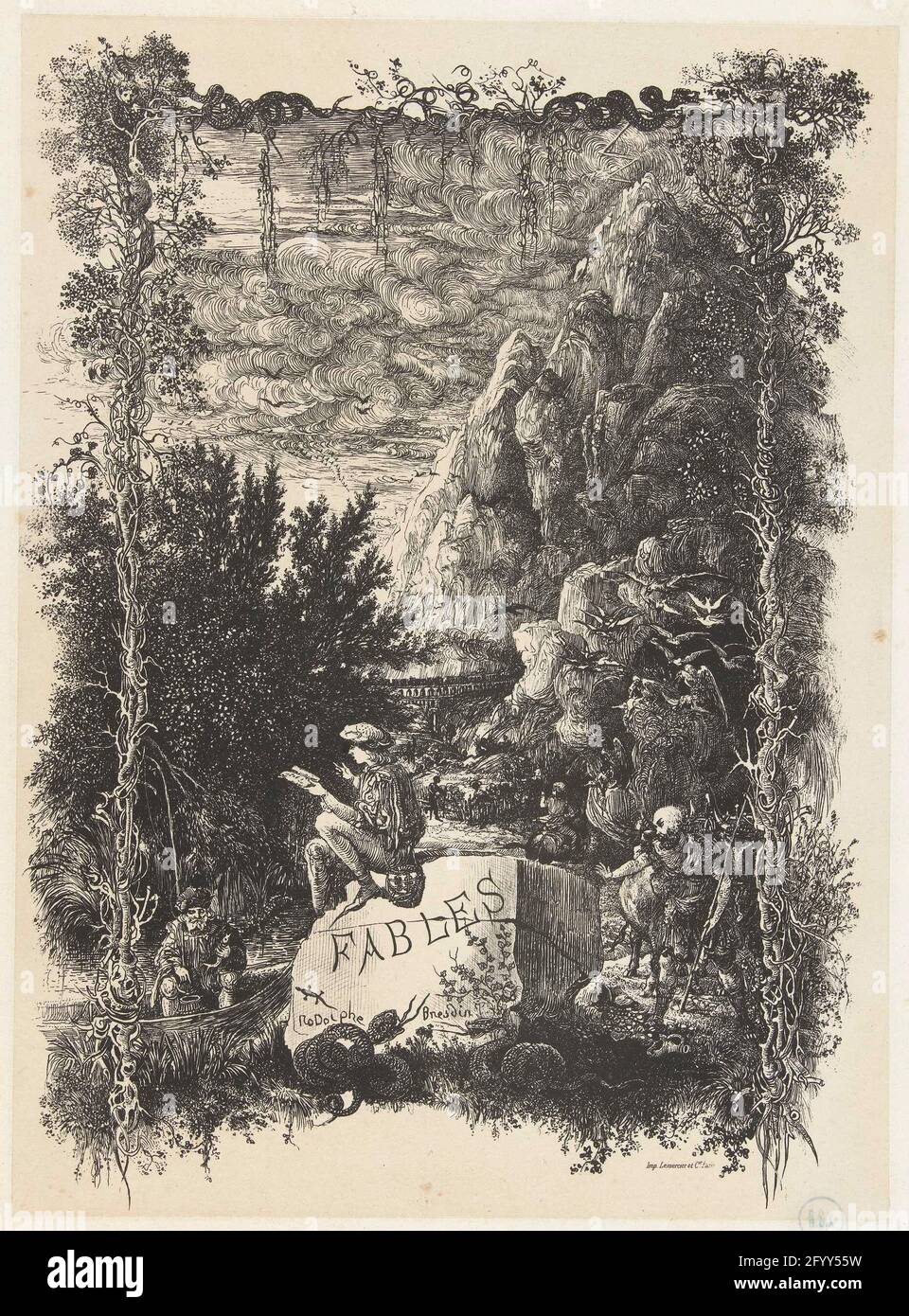 Title print with landscape and figures from fables and stories in frame with plants and hoses; Frontispice Fables et Contes. Title Print with a landscape in which various figures are placed that occur in the fables and stories in the book for which this illustration was designed. On a large stone with the text Fables is a young man with a book. Right a man runs with a beef and he finds a broken jug and their contents. On the left is a man in a boat to fish. Birds or bats fly from a cave. In the background a rock rises high and a train disappears into a tunnel. The rectangular frame is made up Stock Photo