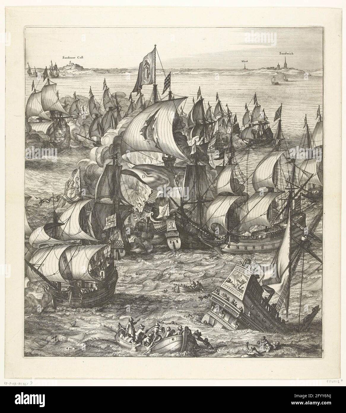 The large sea battle at Duins (plate 4), 1639; Pugna Navalis in Hispanos Vicere in Duins Angliae Belgae Foederati AO. MDCXXXIX. Large representation of the sea battle at DUINS between the Spanish fleet under the command of Antonio de Oquendo and the State fleet among Maarten Harpertsz. Tromp, October 21, 1639. Sheet 4: Fighting at sea, Central to the destruction of the Santa Teresa, in the foreground being removed from the water at the sinking St. Francisco. In the background the English coast at sandwich. Unassembled ensemble consisting of 7 numbered plates, the black strips with the title an Stock Photo