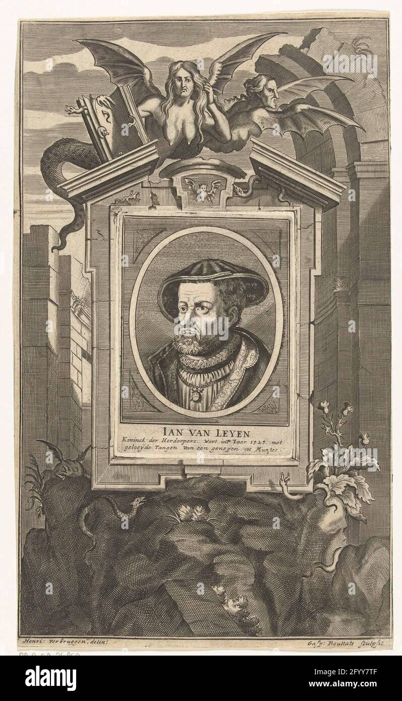 Portrait of Jan van Leiden; Ian Van Leyen. Portrait of Jan van Leiden,  leader of the betters and king of Münster, in rectangular frame. Bust to  the left in oval. In ornamental