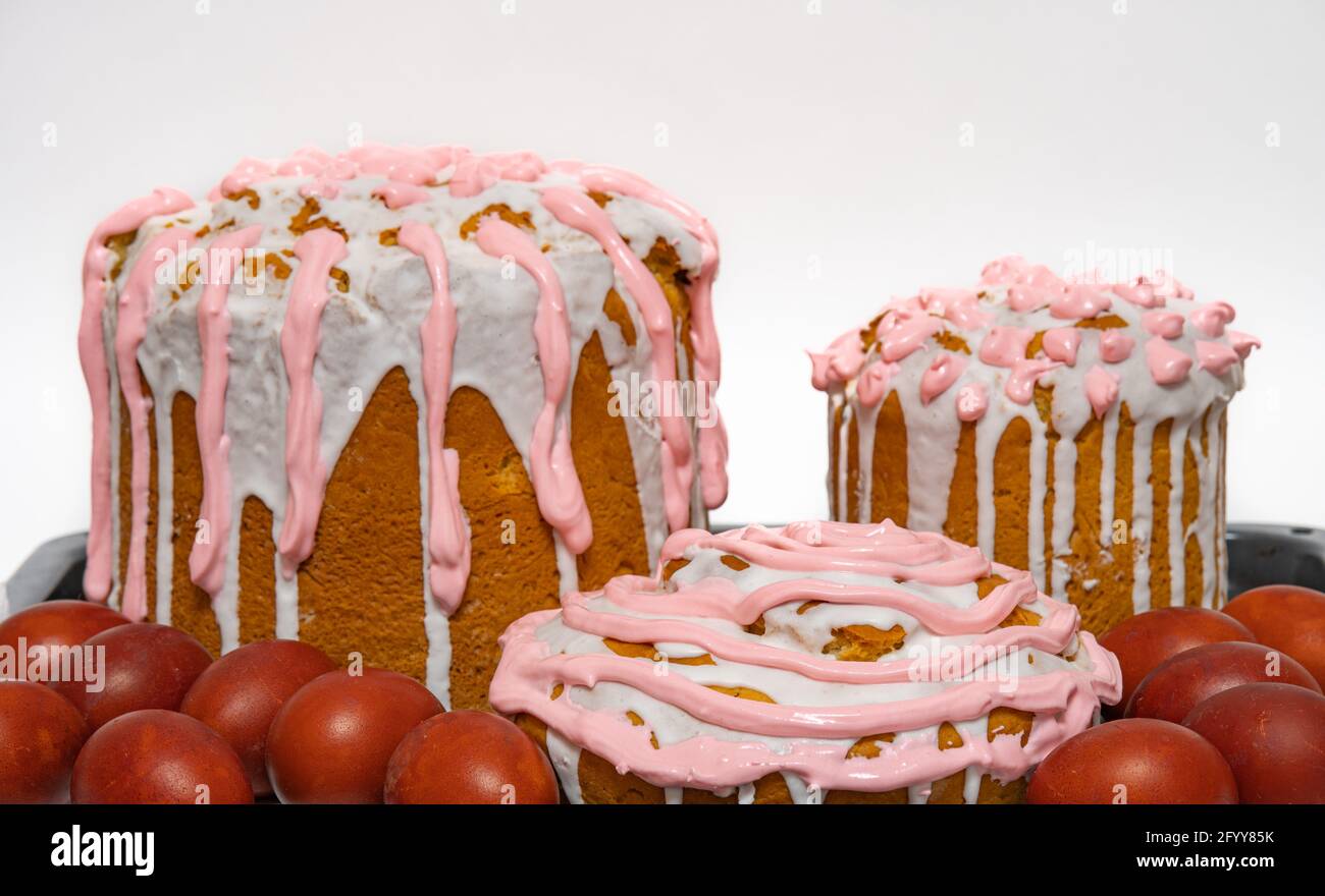 Easter bun and colored eggs Easter sweets Stock Photo Alamy