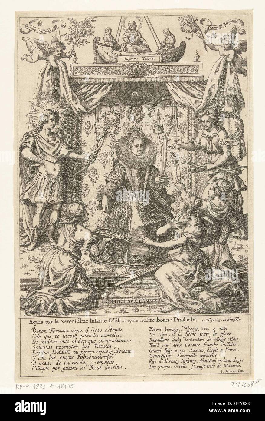Allegory in honor of Isabella Clara Eugenia after shooting the parrot in  1615; Trophee AVX Dammes / Aquis Par La Serenissime Infante d'Espaigne  Nostre Bonne Dame. 15 MEY. 1615 and Brussels lesson.