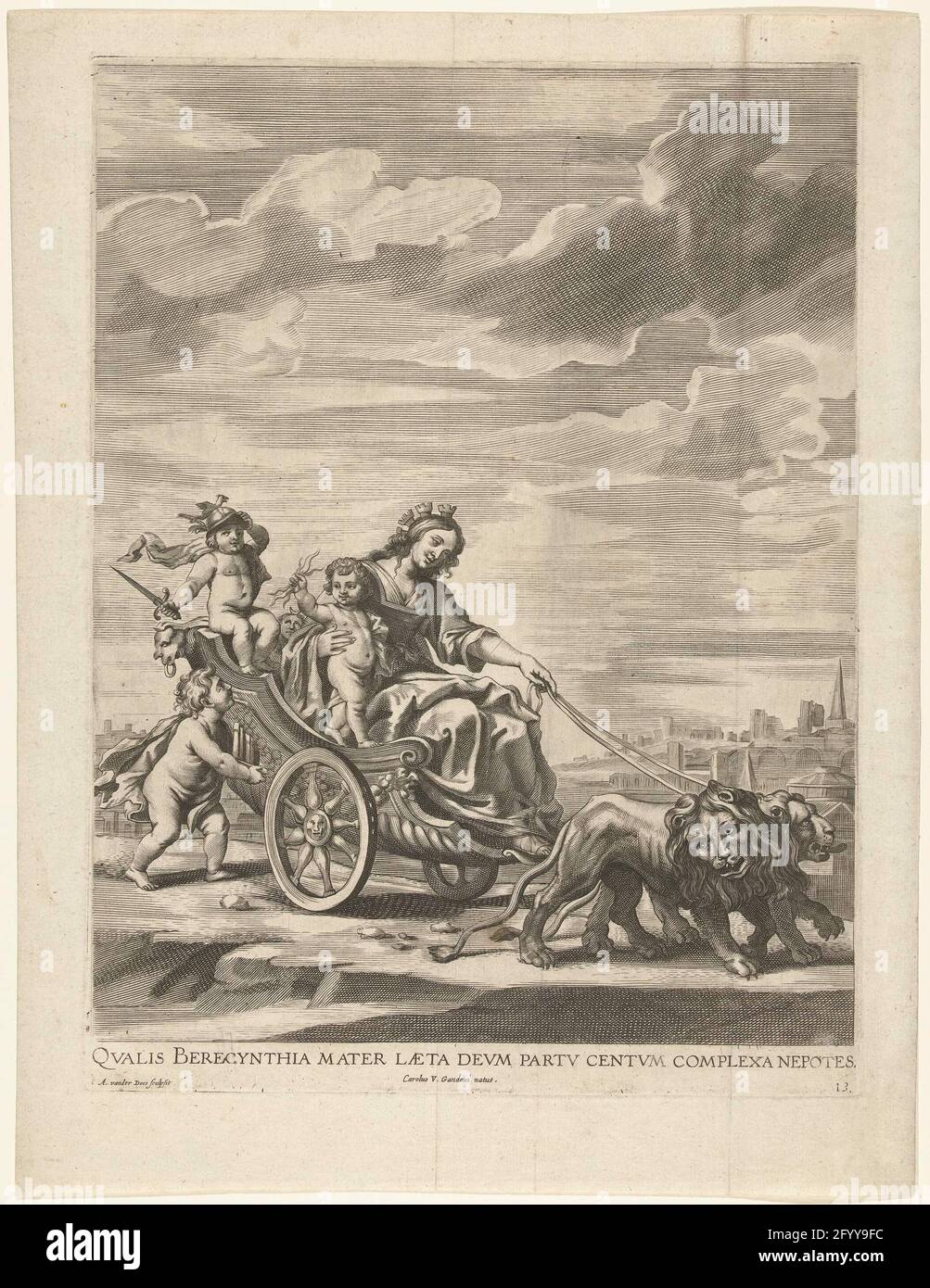 Allegory with the city mawn from Ghent in her chariot; entry from Ferdinand in Ghent in 1635 (no. 13); Qualis Berecynthia Mater Laeta Deum Partu Centum Complexa Nepotes / Carolus V. Gandavi Natus; Tabula I. Adversae Partis. Cybele Ganda Opposita. Allegory with the city mawn from Ghent in her chariot drawn by lions. Allegory with Cybele such as Ghent as the birthplace of Emperor Charles V. Performance at the top of the rear of the triumph port Arcus Fernandi on the Friday market. Leaf No. 13 in a set of 42 plates that illustrate the publication of the description of the arrival of the Cardinal Stock Photo