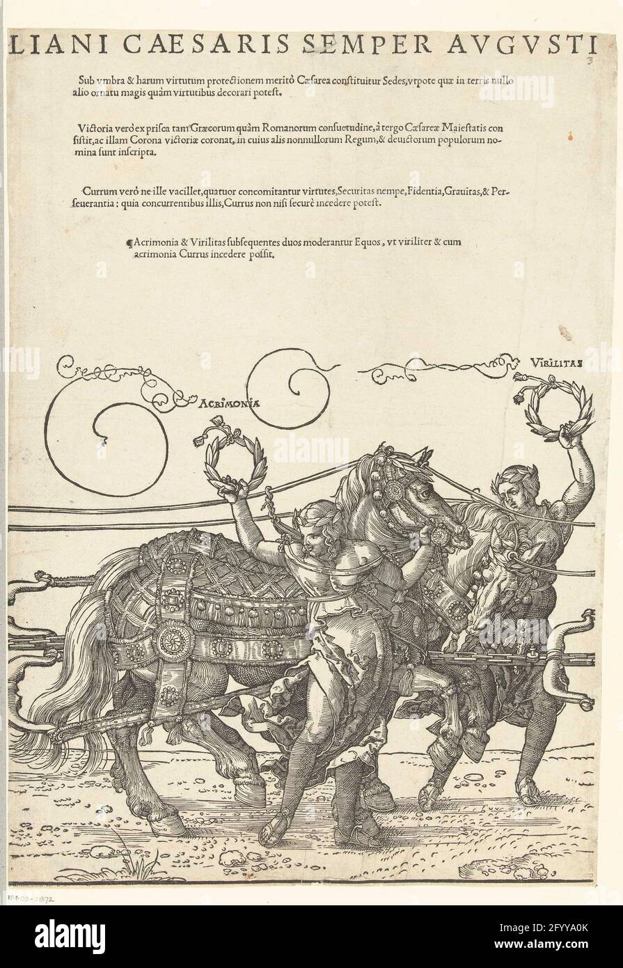 Triumphag from Emperor Maximilian I (Sixth Sheet), 1519; Copies to Dürers Triomfvag for Emperor Maximiliaan I, published in Antwerp in 1545 by the widow of Cornelis Liefrinck; Triumphalis His Currus Ad Honorem Invictiss. AC Gloriosiss. Principis D. Maximiliani Caesis Semper Augusti (...) per Albertum Durer Delineatus. The Great Triomfvag in honor of Emperor Maximiliaan I at his death on January 12, 1519. Sixth leaf with the fourth span horses with acrimonia and virilitas. Copy to the original of Albrecht Dürer from 1522. Stock Photo