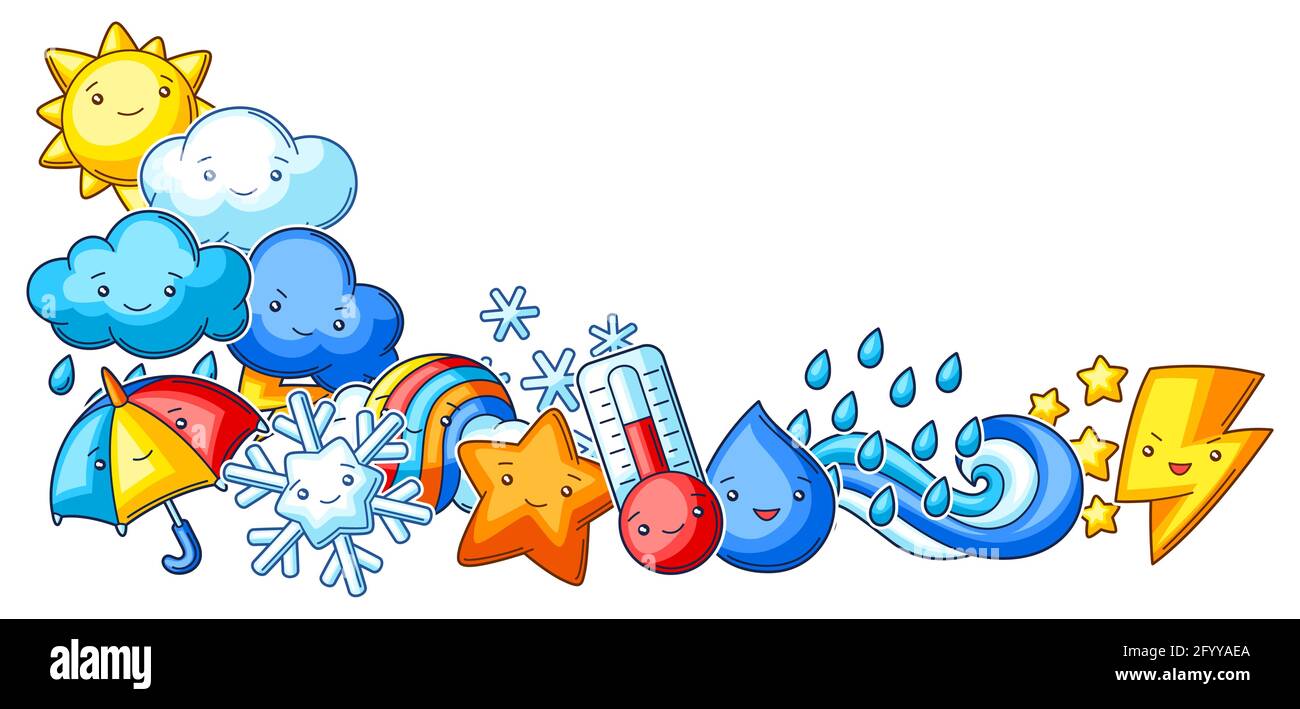 Background with cute kawaii weather items. Funny seasonal child ...