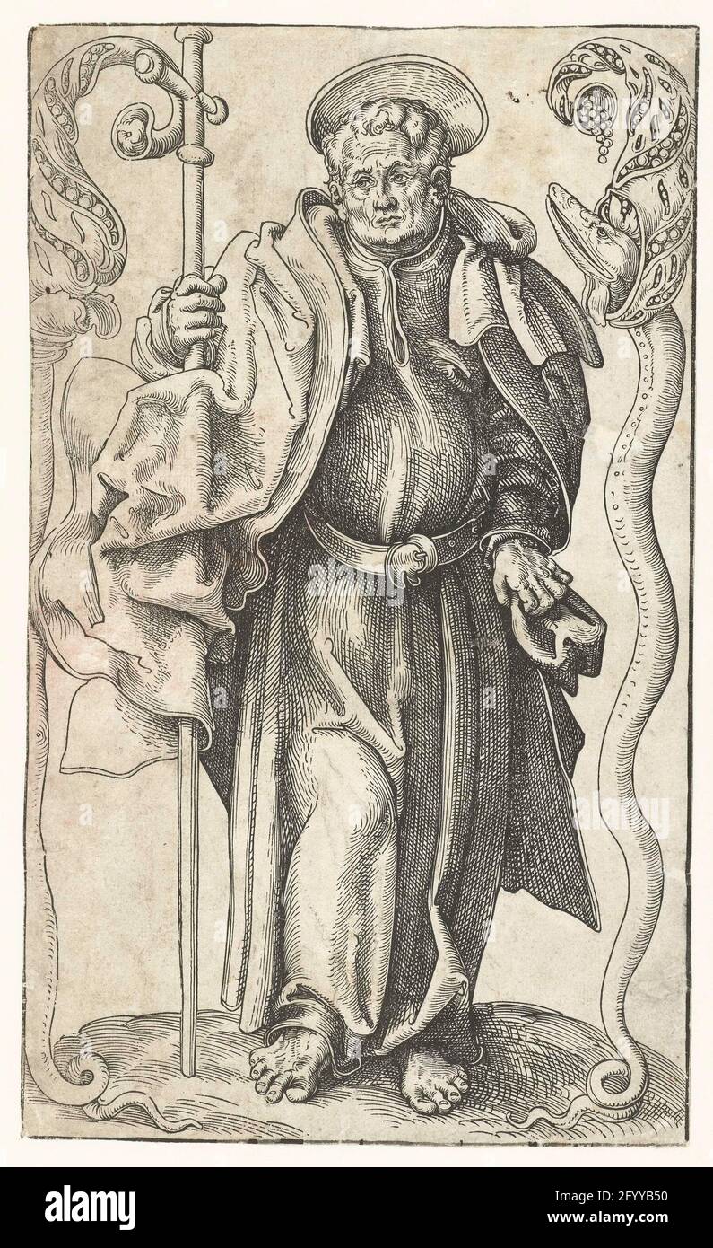 Philip with cross and hose; Christ, apostles and Paul. The Holy Philippus  stands with a cross god between ornaments that partially refer to his  torture. On the right, the snake was depicted