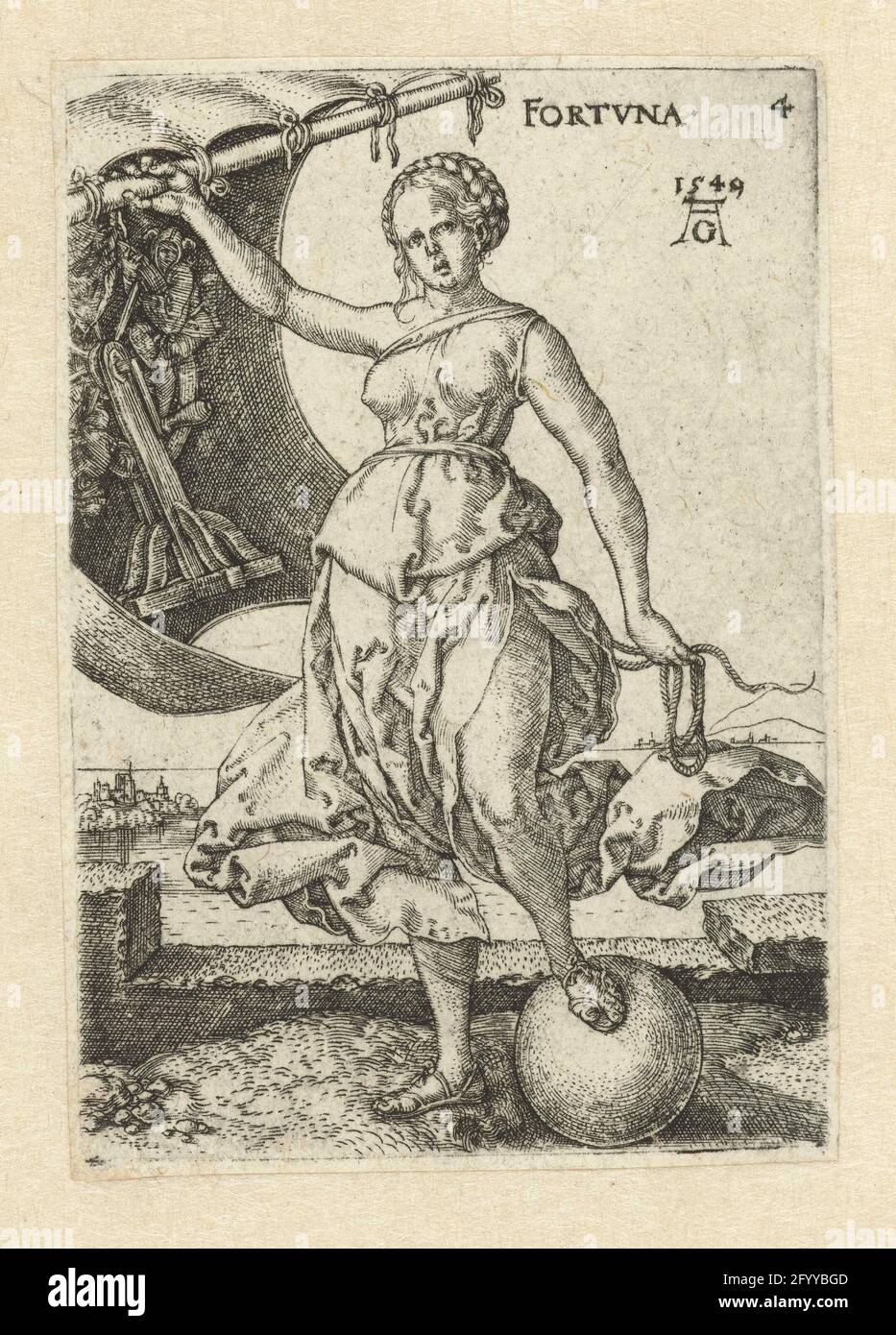 Fortune; Fortuna; Virtues and vices. Personification from Fortune (Fortuna). A woman standing with one foot on a ball, a sail in her right hand with the wheel of fortune on it. Fourded from a series of fourteen with personnifications of virtues and vices. Stock Photo