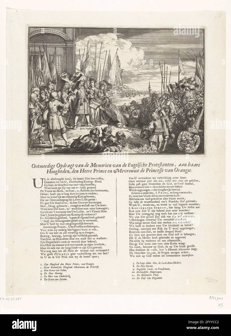 Call of the English Protestants to Prince and Princess of Orange, 1688; Incourcing the memorian of the English Protestants, Ana Haare Highnesses, the Lord Prince and Mrs. The Princesse of Orangie. Call of the English Protestants to support Prince Willem III and Princess Maria II Stuart, September 1688. The Prince and Princess for a house greeted by a crowd. Front right the Oranjeboom, behind it and the Dutch army and fleet. Under the plate a fresh in two columns with the legend 1-12 at the end. Stock Photo