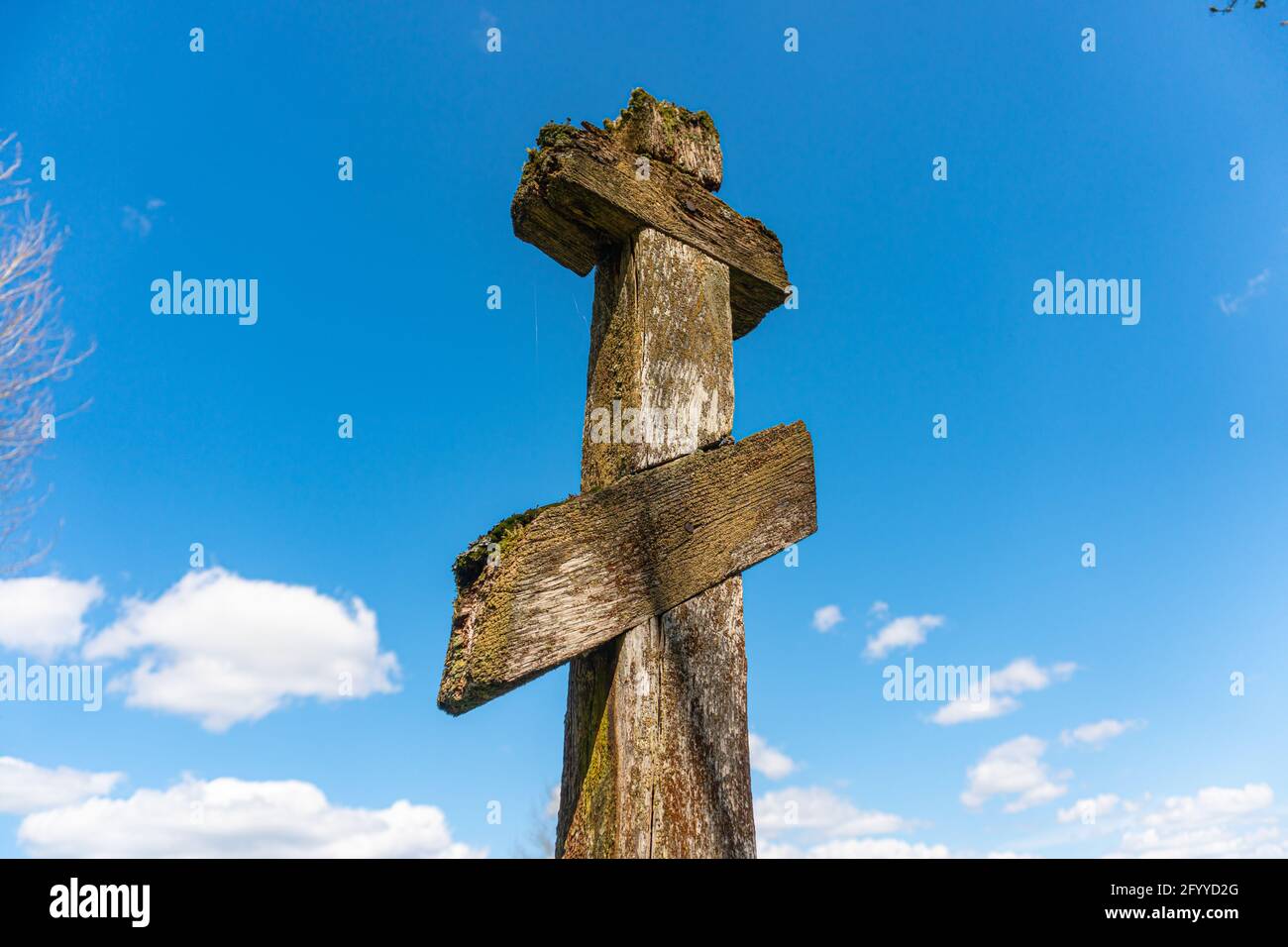 Vintage wooden christian orthodox cross on blue sky background Stock ...