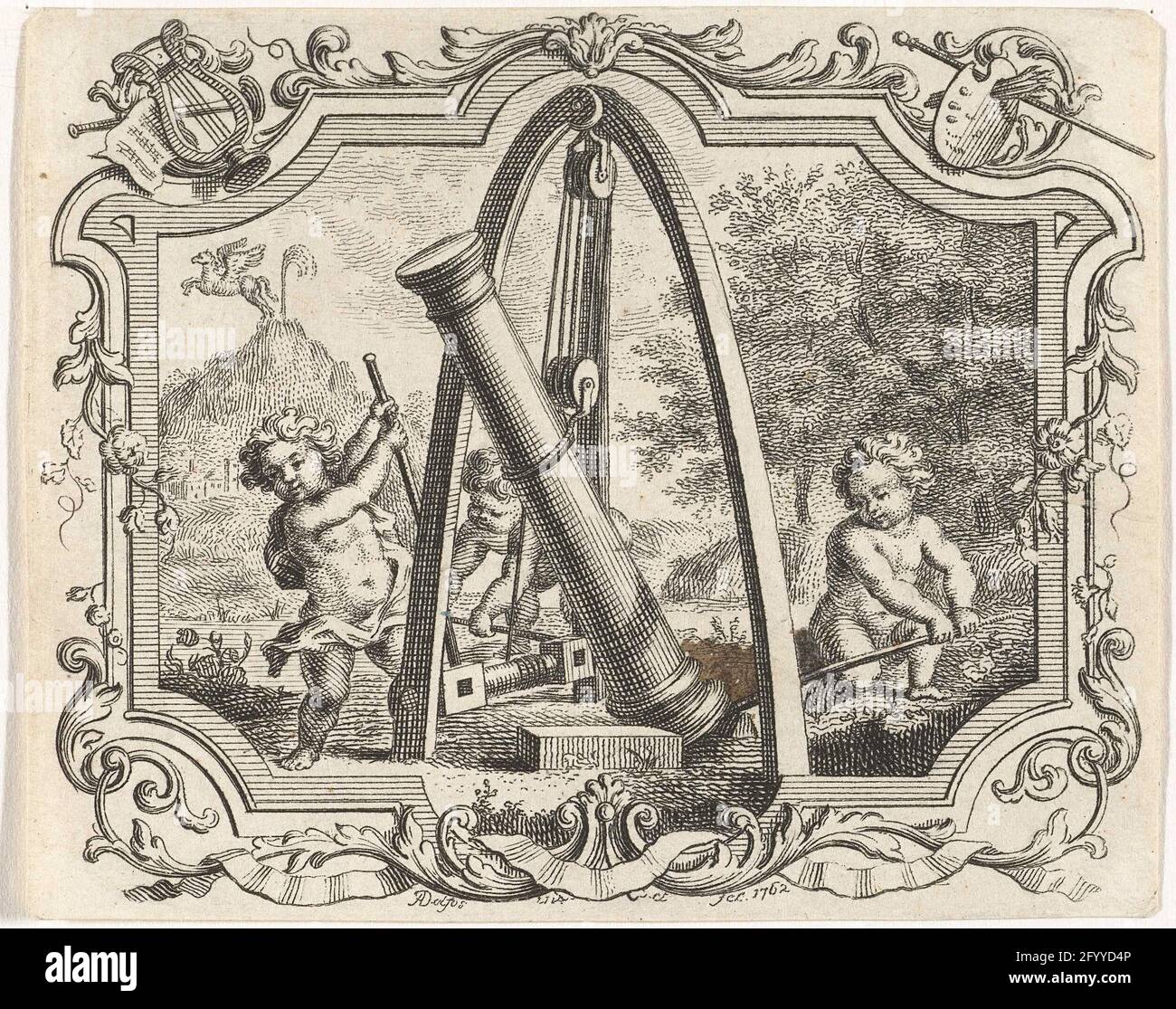 Three Putti focus column with hoist, in cartouche. Three Putti focus ...