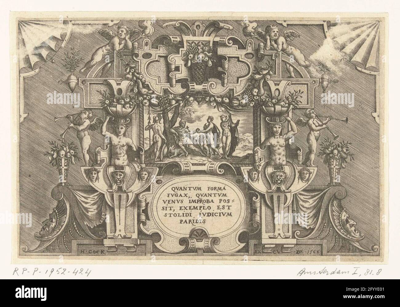 Judgment of Paris; QVANTVM FORMA / FVGAX, QVANTVM / VENVS IMPROBA POS (...); Comperimentorum quod vocant plywood genus .... Paris judgment in a frame of rollerwork with female hermen, mascarons, putti and garlands. Leaf from series consisting of a title page and 15 of the 16 sheets with cartouches with biblical and mythological performances in a frame of rollerwork and grotesken. Stock Photo