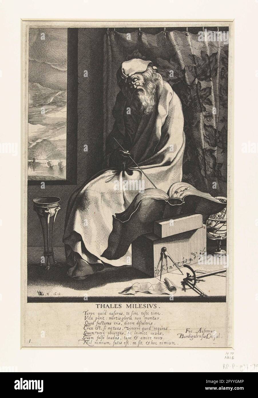 Thales van Milete; Thales Milesius; The seven ways of Greece. An old man,  feet out, seated at a window (so that ships to see a coast), dressed in a  long cloak, a