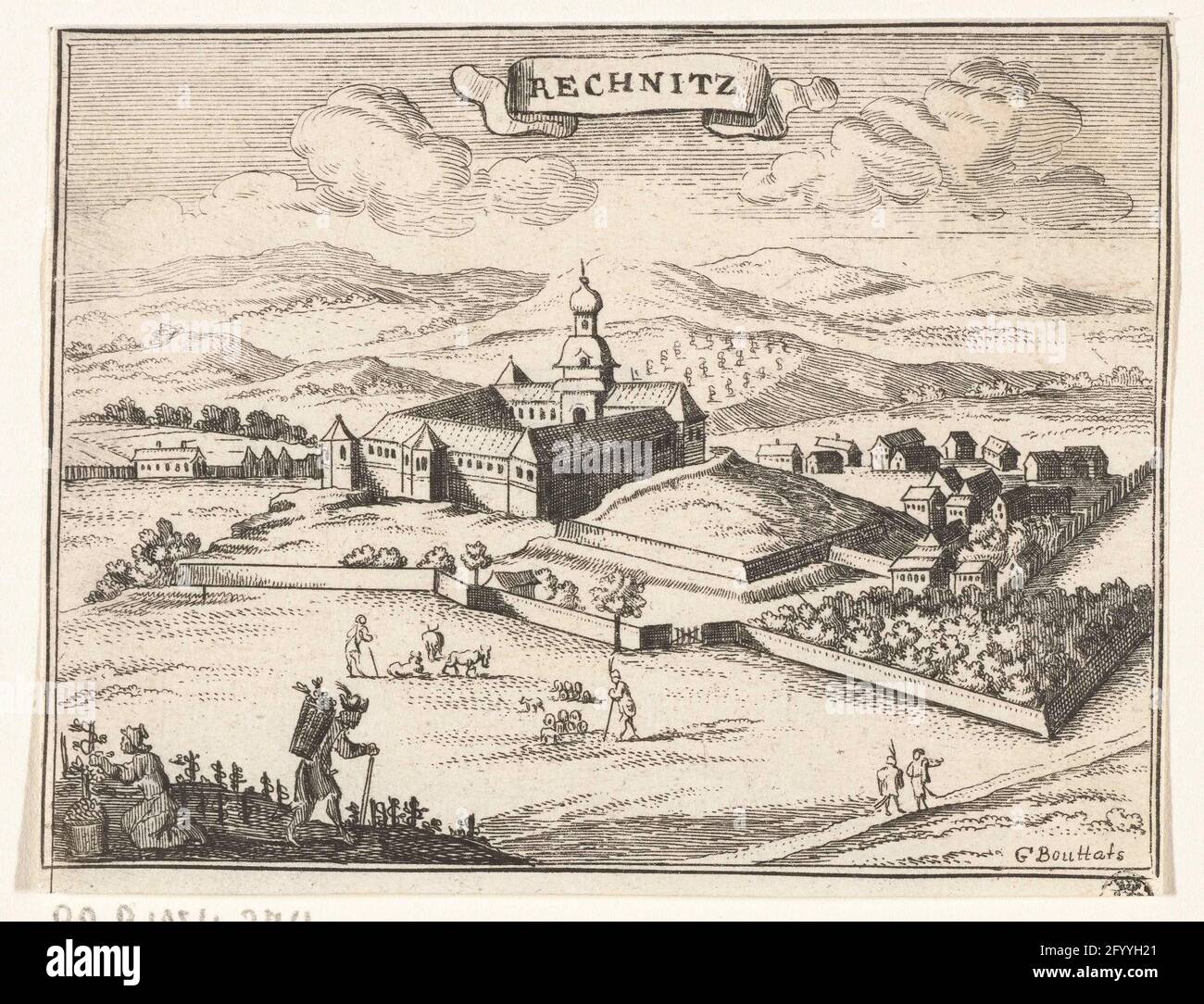 View of Rechnitz; Topographical images of Austria, Hungary and the Balkans; Short radiance, and the Aen-Wysinghe der Plaetsen in Desen Boeck, with the Hunen Heijghen Stand, Portinaal Uyt-Ghebeldt, in Oostryck. View of the city of Rechnitz. In the foreground, outside the city walls, grape grants are working. Above the cityscape a cartouche with the name of the city. Stock Photo
