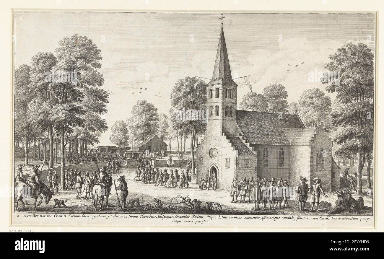 De Graaf and Gravin von Thurn und taxis go to church, 1650; Excellentissimo Comiti Sacram (...); The visit of Graaf Lamoral von Thurn und Taxis at Alexander Roelants, 1650. The Imperial Head Mailer Graaf Lamoral von Thurn und Taxis and his wife De Gravin go to Hemiksem ter Kerkke. At the church they are greeted by Imperial Postmaster for the Nederlanden Alexander Roelants, the priest and an orchestra. Numbered bottom left: 2. with caption of two lines in Latin. Stock Photo