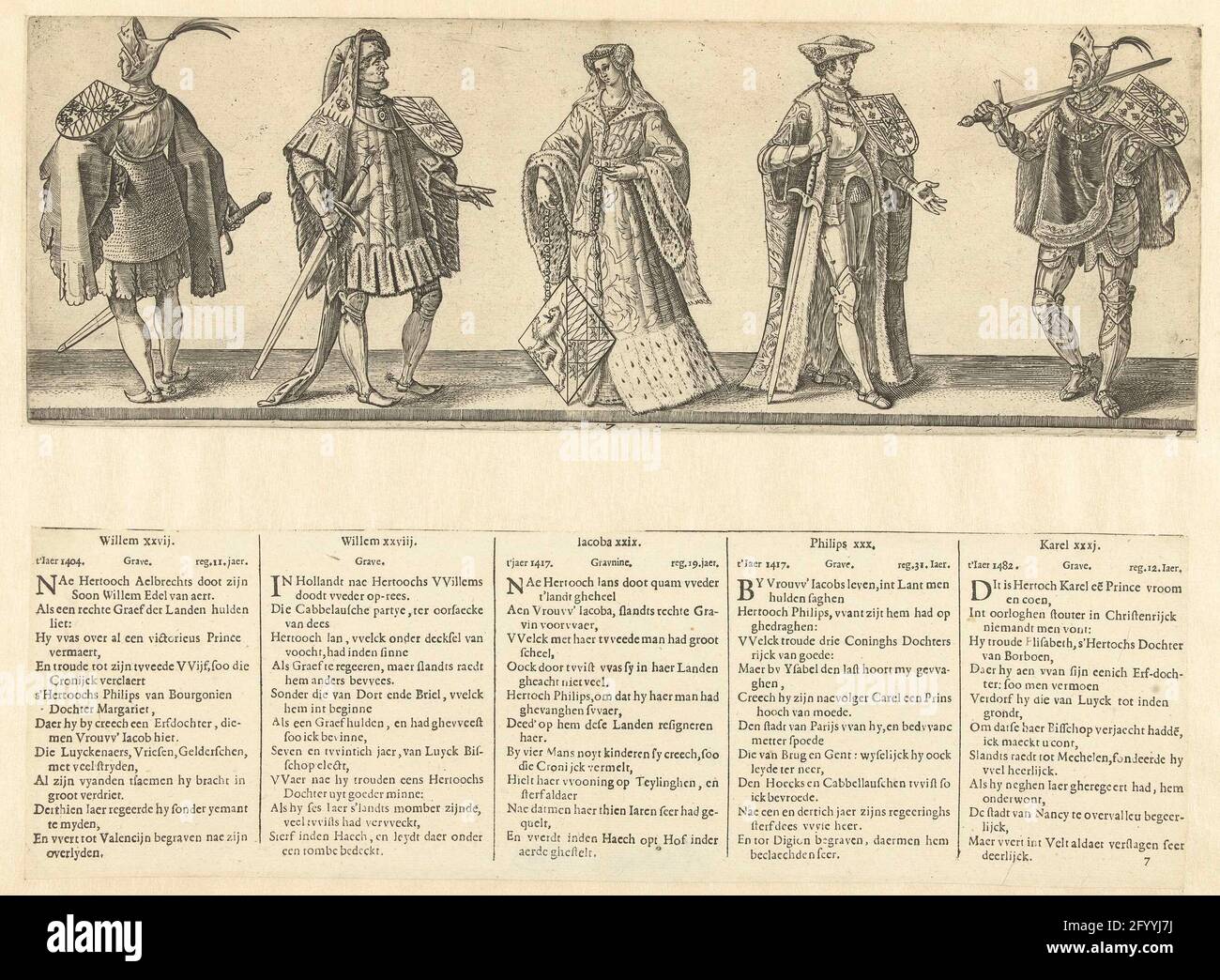 Count Willem XXVII and Willem XXVIII, Countess Jacoba Xxix and Graven  Philip XXX and Charles XXXI; Graves and gravingen from Holland.  Presentation of one woman with shield and staff, and four men