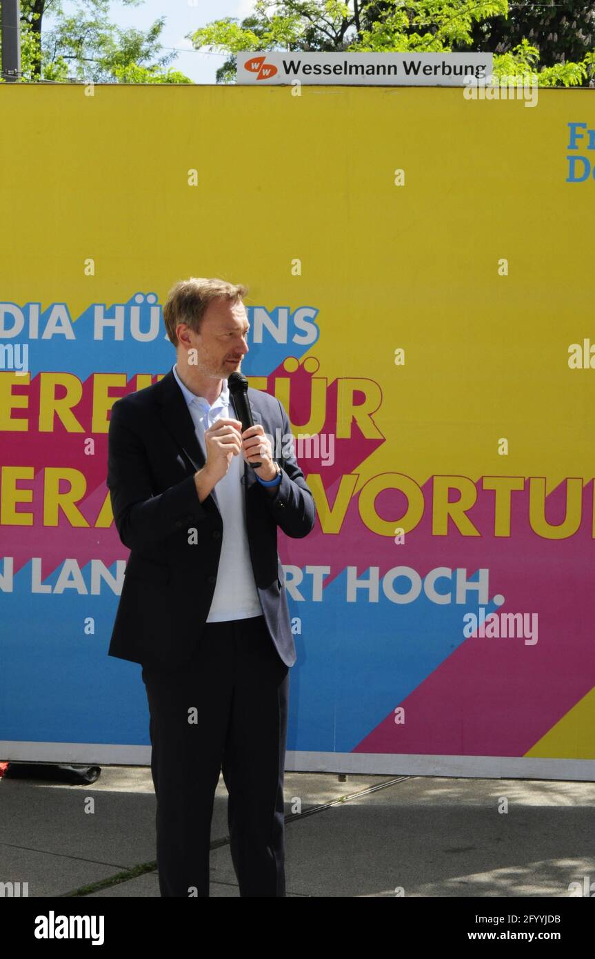FDP-Bundeschef Christian Lindner bei einer Wahlkampfveranstaltung am 30.5.2021 in Halle (Saale) Stock Photo