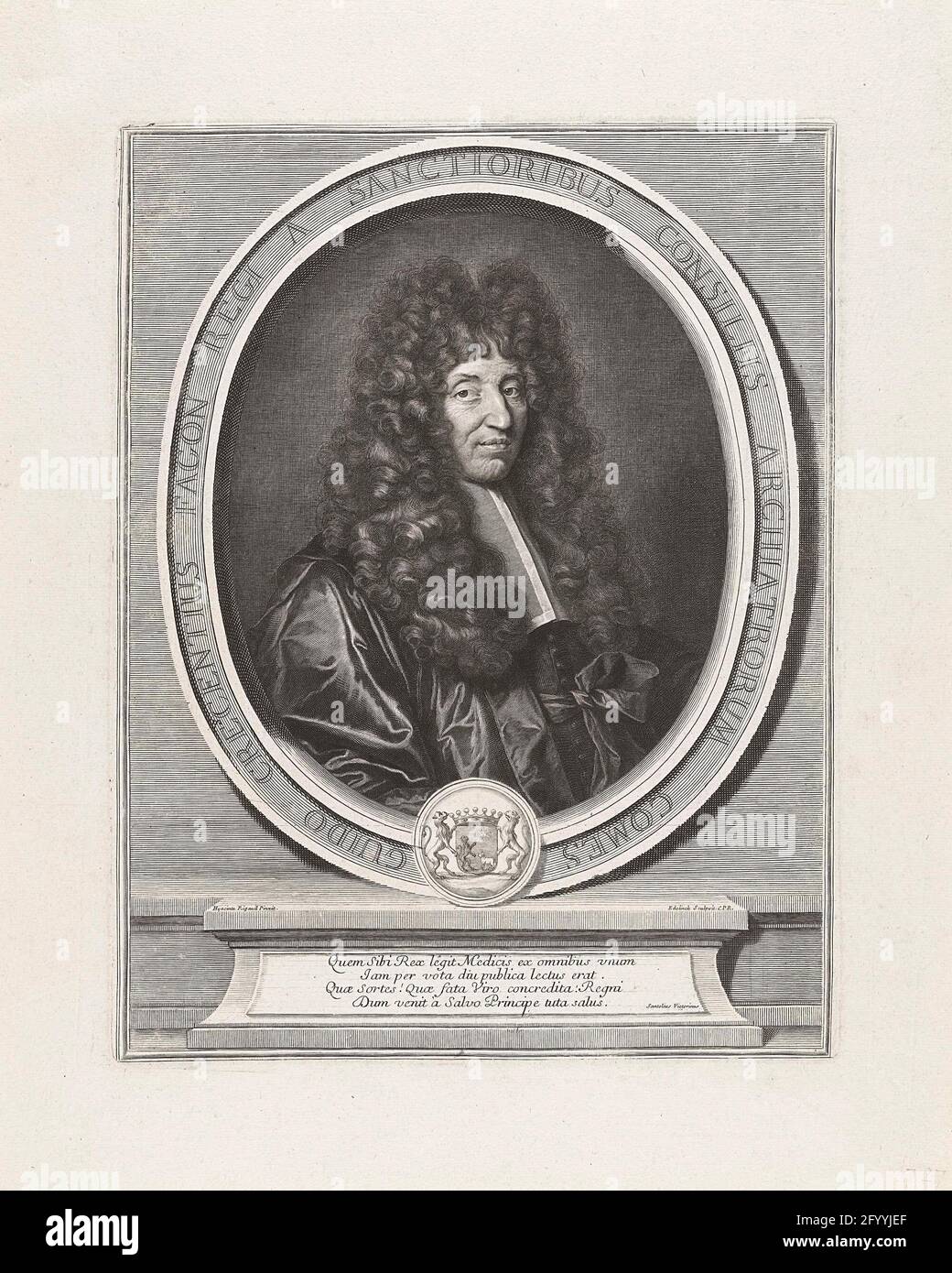 Portrait of Guy-Crescent Fagon; Guido Creacentius Fagon. Portrait of  Guy-Crescent Fagon (1638-1718), Baby physician from King Louis XIV,  depicted in oval picture frame with text and weapon. On console with four  lines