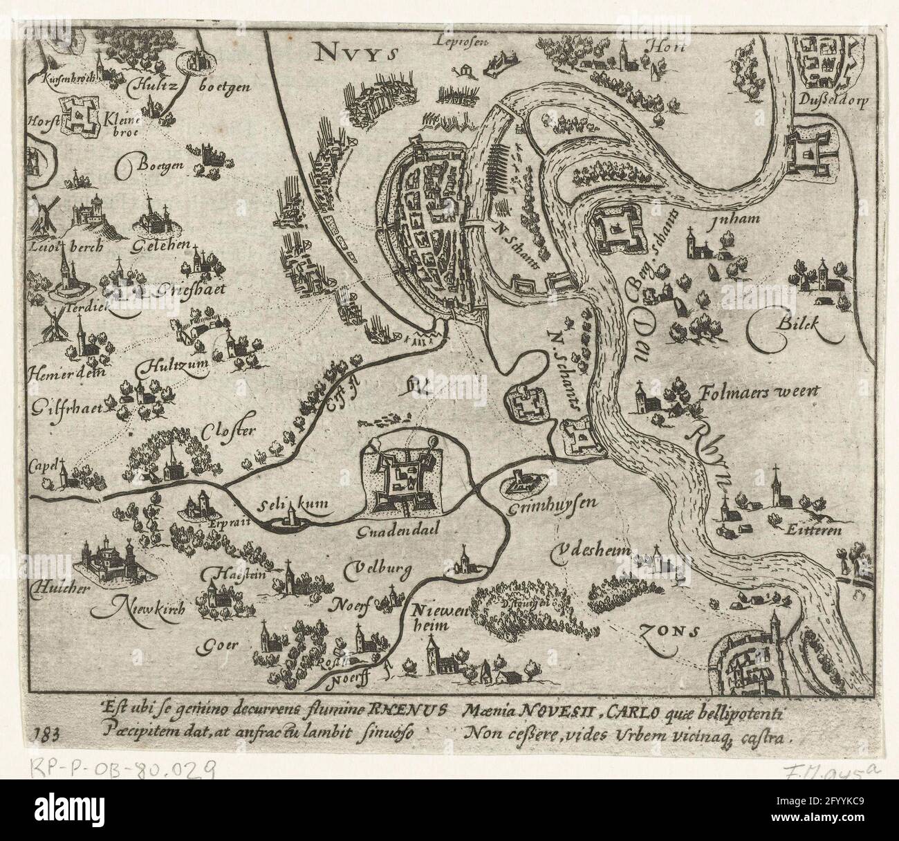 Plan of Neuss and the surrounding area, 1586. Plan of Neuss on the Rhine with the villages in the surrounding area, 1586. With caption of 4 lines in Latin. Numbered 183. Printed on the back with text in Latin. Stock Photo