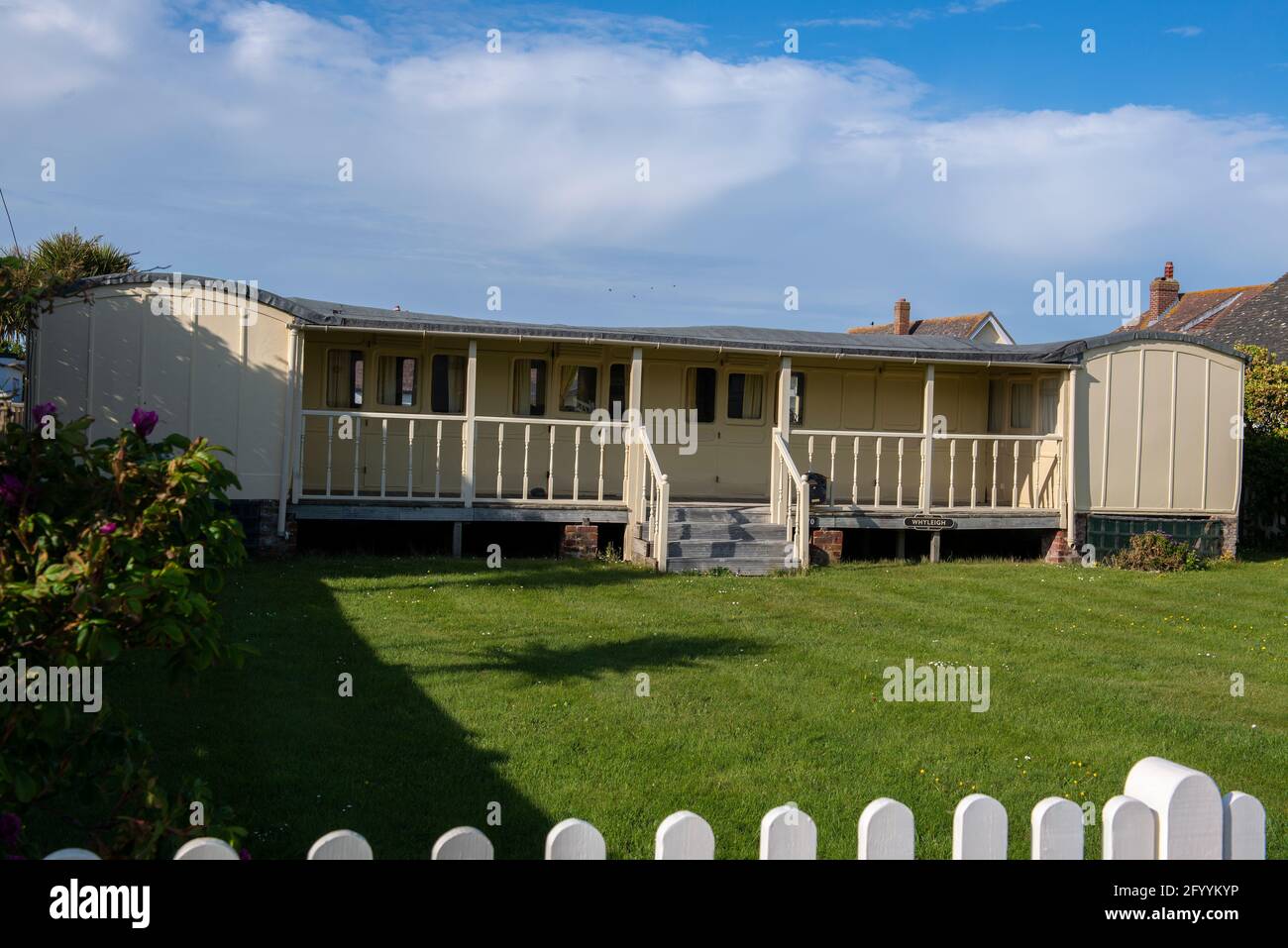 Holiday Home  made from vintage railway carriages in West Wittering, near Chichester, West Sussex, England Stock Photo