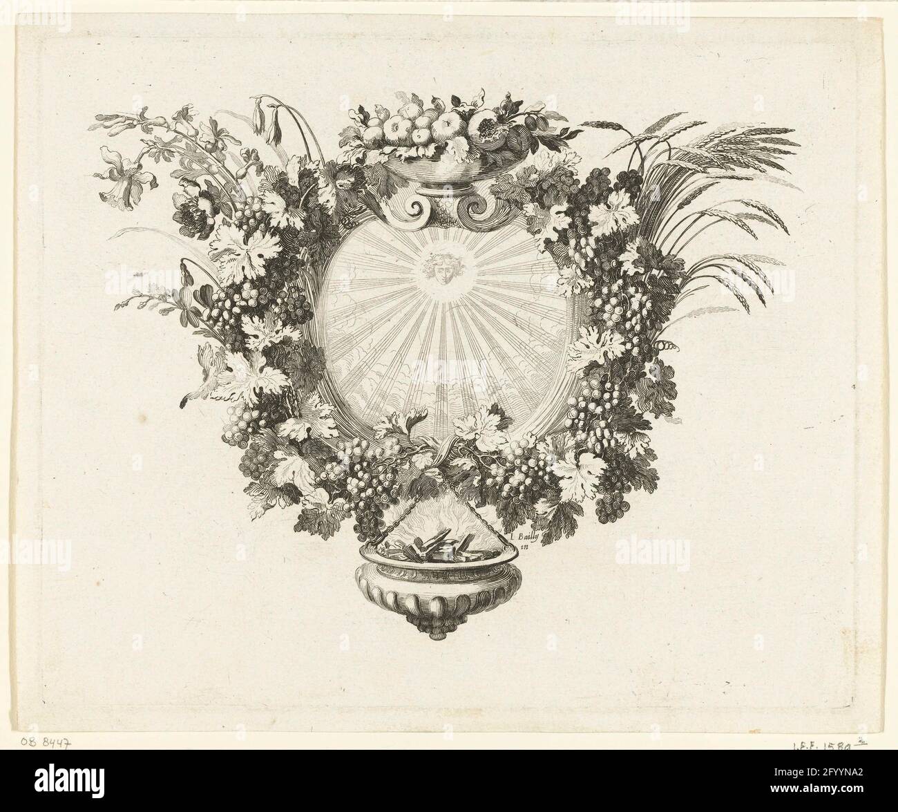 Cul-de-Lampe with four seasons; Tapisseries du Roi, Ou Sont Représentez Les Quatre Elienens et les Quatre Saisons. A representation of the air with the head of a sun god, surrounded by four vines, from which flowers sticks (spring) on the left and corners (summer) on the straight side. On top of the frame is a bowl of fruit (fall) and below hangs a stew with burning coals (winter). Stock Photo