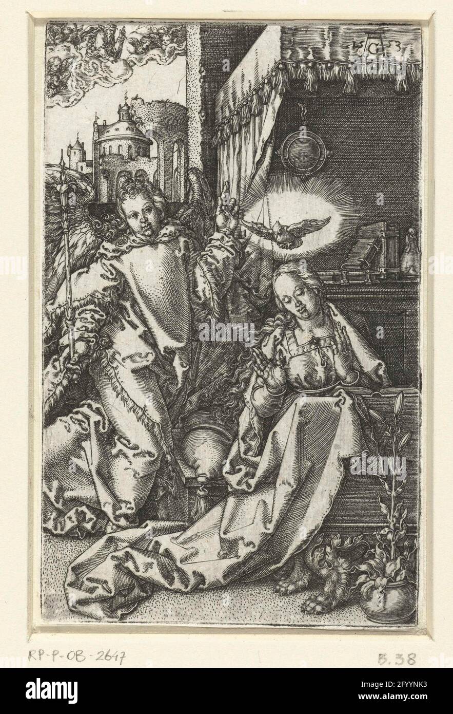Annunciation. Maria, sitting behind her reading table, the Holy Spirit ...