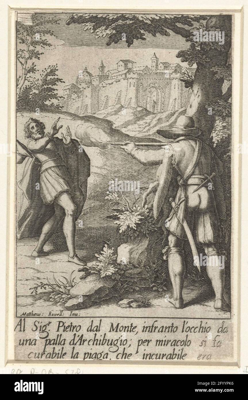 The miracle of Pietro Dal Monte. A man shield another man from behind a tree. A castle or city in the background. Under the show three lines of Latin text. Stock Photo