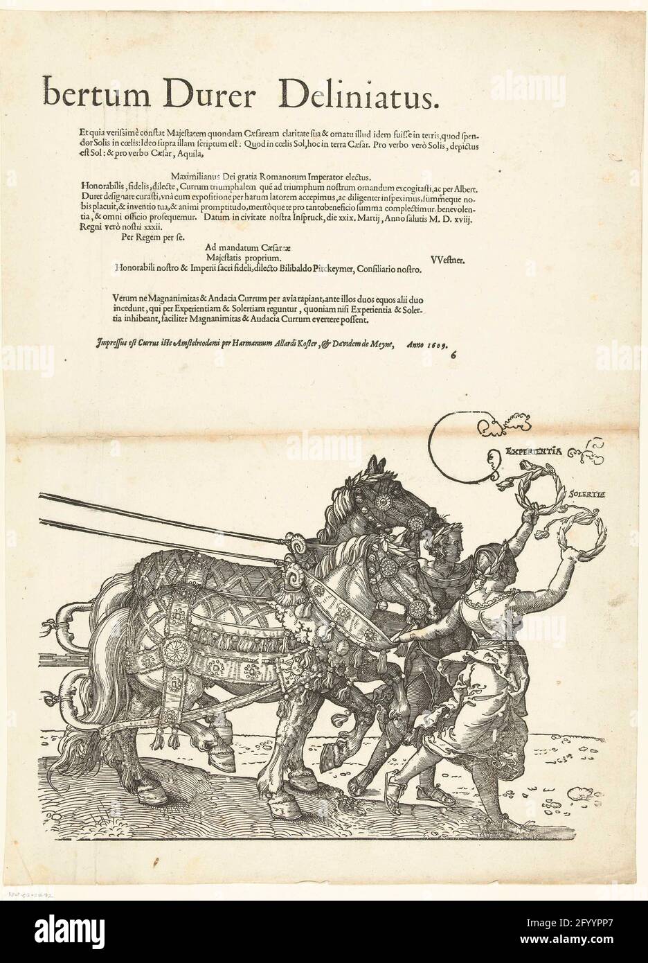 Triumphar from Emperor Maximilian I (eighth magazine), 1519; Copies to Dürers Triomfvag for Emperor Maximiliaan I, published in Amsterdam in 1609 by H. A. Koster and D. de Meyn; Triumphalis HIC Currus Ad Honorem Invictiss. AC Gloriosissimi Principis D. Maximiliani Caesis Semper Augusti Conconsatus Est, AC per Albertum Durer Deliniatus. The large triomfvag in honor of Emperor Maximiliaan I at his death on January 12, 1519. Eighth magazine with the sixth span horses with experientia and Soprano. Copy to the original of Albrecht Dürer from 1522. Stock Photo