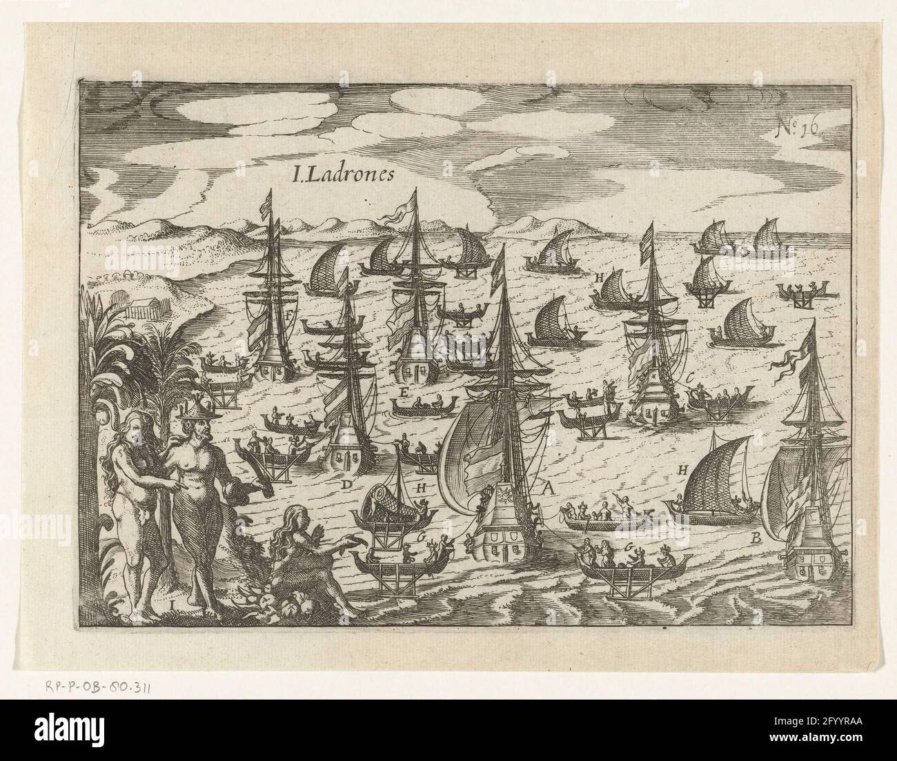 Arrival at the ladrones of islands, 1616; I. Ladrons; Image of the Islas de Las Velas, or ladrones. Arrival of the fleet at the ladrones of Mariana Islands, January 1616. For Anker, the ships are: the Son, the Mau, the Morghen star, the Aeolus, the hunter and the conquered ship. Different types of local vessels in the water. On the left in the foreground two examples of the local population. Part of the illustrations in Joris Journey Report from Spilbergen to the world, 1614-1617, No. 16. Stock Photo