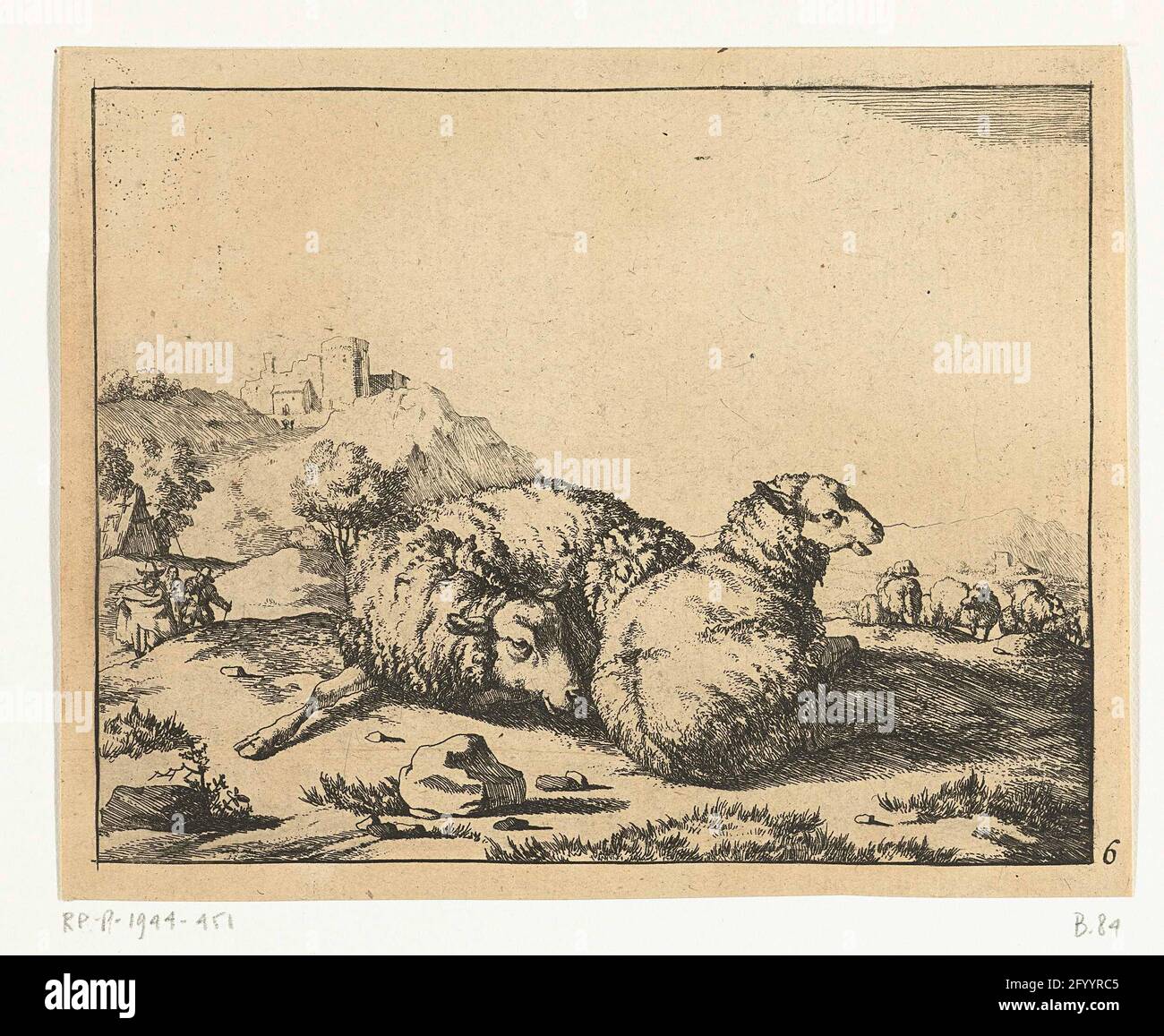 Two lying sheep, mountain village in background; Sheep. Stock Photo