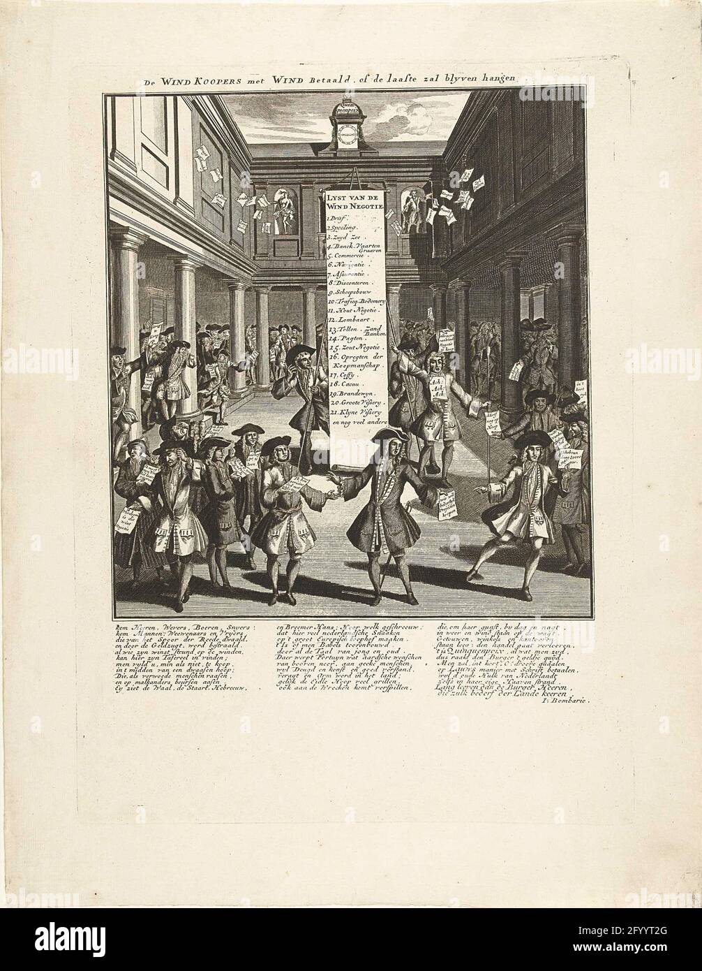 Desperate traders in the exhibition of Amsterdam, 1720; The wind buyers  with wind paid, or the last will hang blyven; The great scene of  foolishness. Desperate traders, victims of the wind trade,