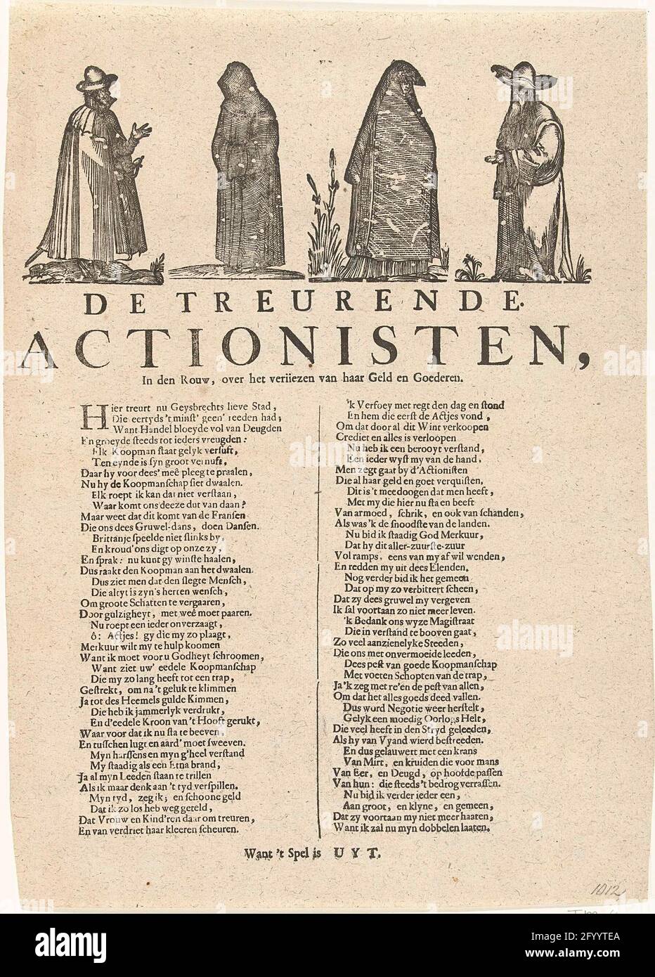 The grieving promotionists, 1720; The grieving promotionists, in the mourning, about the relies of her money and goods; The large scene of foolishness (extra pieces). The grieving promotions. Leaf with a sparkler on the promoters who have lost their money and goods when speculating in the wind trade. At the top four four figures supposedly in mourning clothing. Belongs to the group of prprans added to the scene of scene of foolishness with cartrents at the 1820 wind trade. Stock Photo