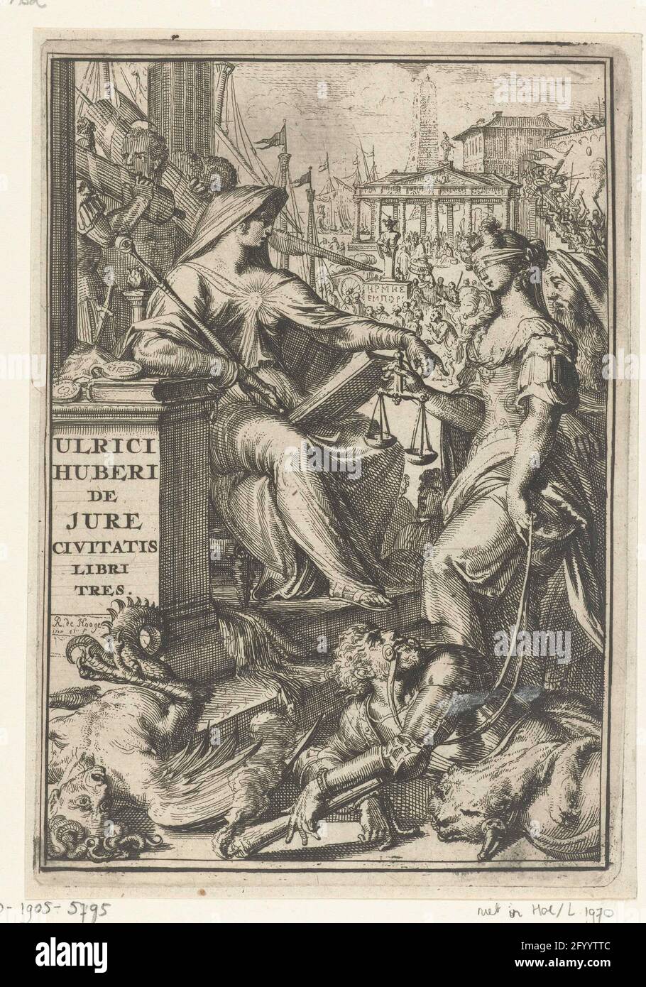 Title print for 'de jure civitatis, libri tres' by Ulricus Huber; Ulrici Huberi de Jure Civitatis Libri Tres. A woman with a heart on the chest, a scepter in one hand and a book in the other hand (truth) is sitting on a throne. Opposite her is a blindfolded woman with a scales in hand (justice). On the ground some figures symbolize evil matters. Stock Photo