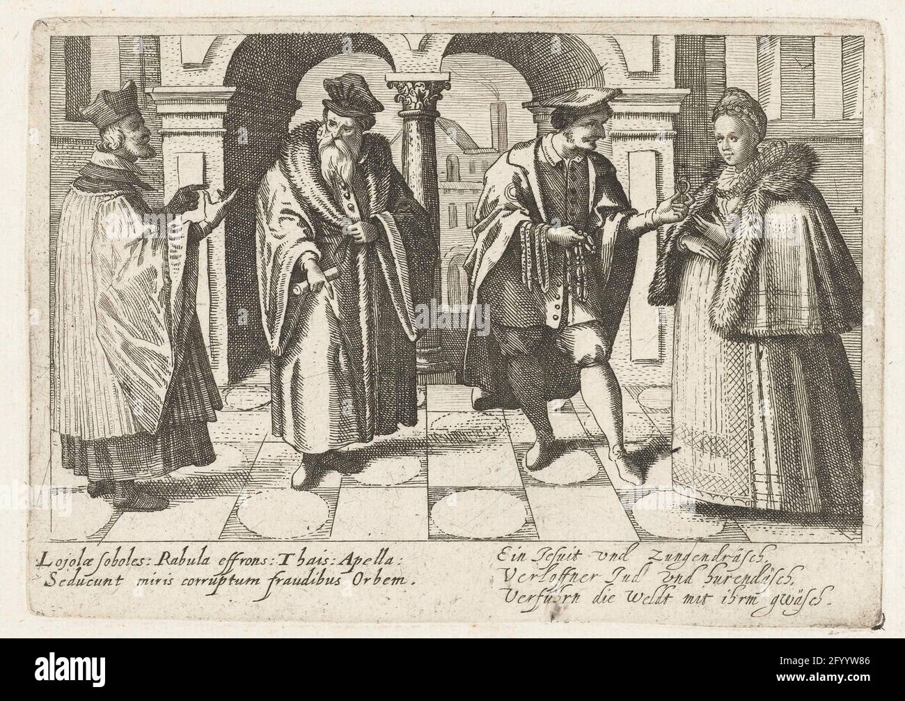 A priest, Jezuite and Jewish merchant at a lady: Ein Jesuit und Zungendräsch ...; Pugillus Facetarium Iconographicarum ... Strasbourg 1608. From left to right: A priest who makes a speech, a Jesuit in fur coat and a Jew that tries to sell the lady next to him and other jewelry. In the margin 2 lines Latin: Lojolae Soboles..fraudibus Orbem 'and 3 lines German: Ein Jesuit und Zungendräsch / Raidsner Jud und Burendäsch / Verfhrn that does mit ihrm wäsch. (Not numbered). Print from: Pugillis facetarium .... Strasburg. Stock Photo