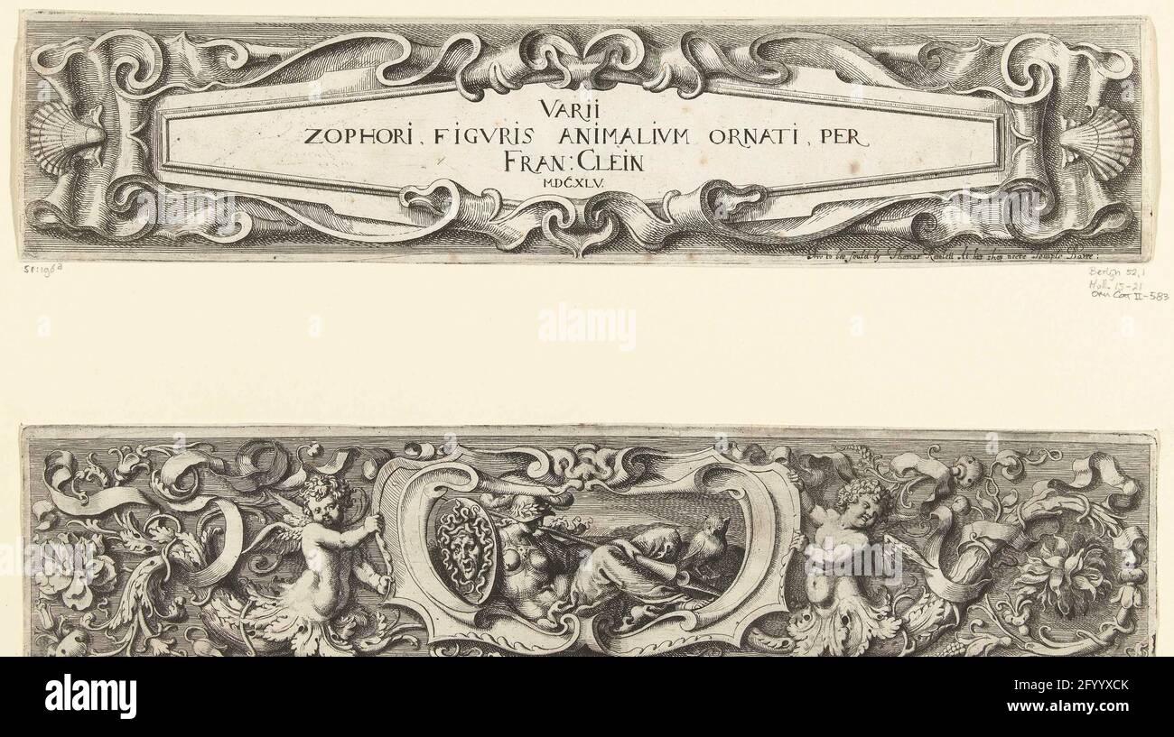 Title page: Varii Zophori, Figuris Animalium ornati; Varii Zophori, Figuris Animalium ornati. Cartouche in the form of a parallelogram, with a edge of plastic rollerwork and a shell on both sides. Stock Photo
