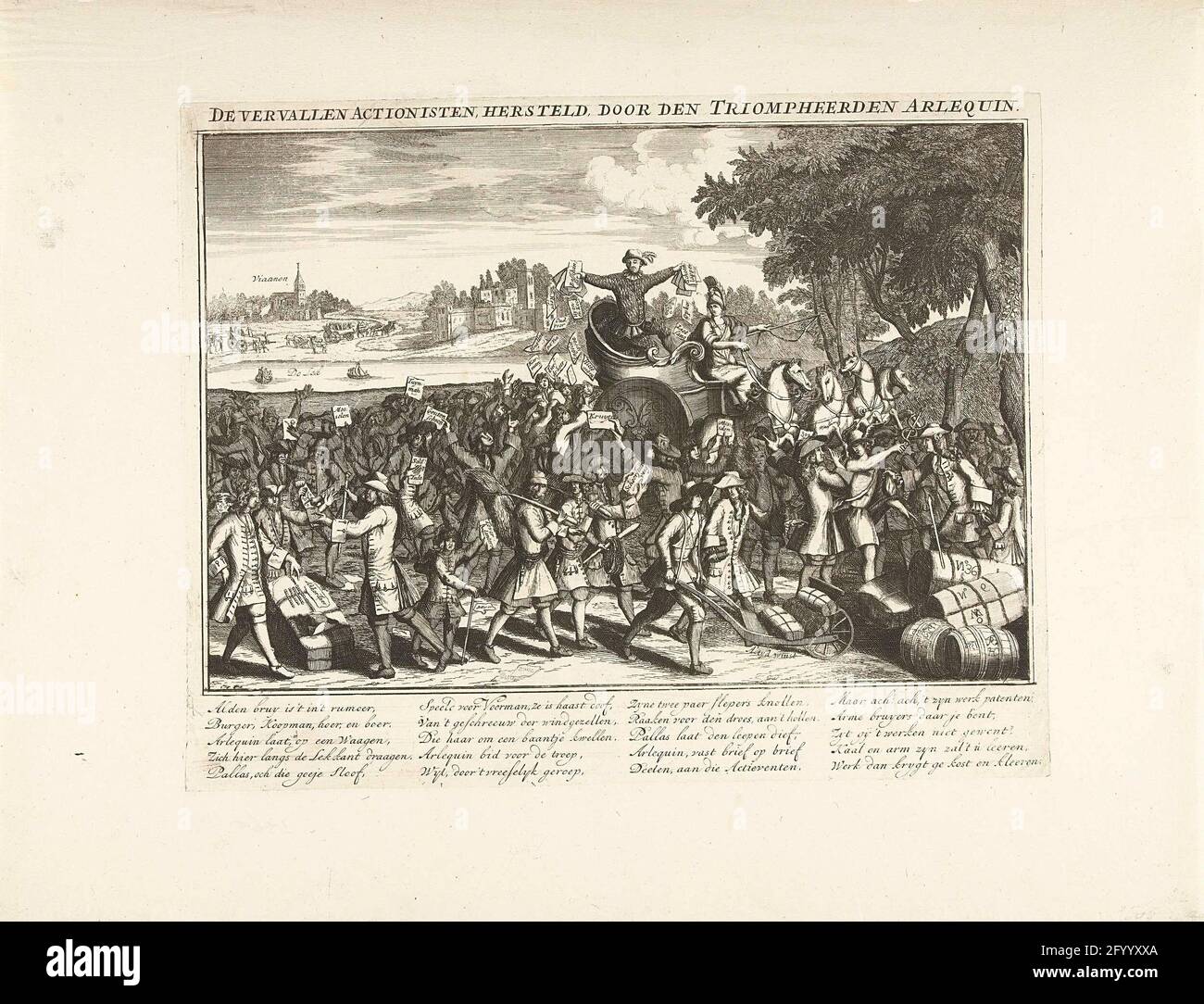 The triumphal harlequin and the promoters, 1720; The expired promotionists, restored by the Triumphs Arlequin; The great scene of foolishness. The triumphal harlequin and the promoters. Harlekijn scams worth shares between the traders in the wind trade from a car. In the background vianen on the leak. In the caption a verse in 4 columns. Print 30 in the series of large scene of foolishness with cartriders at the 1820 wind trade. Stock Photo
