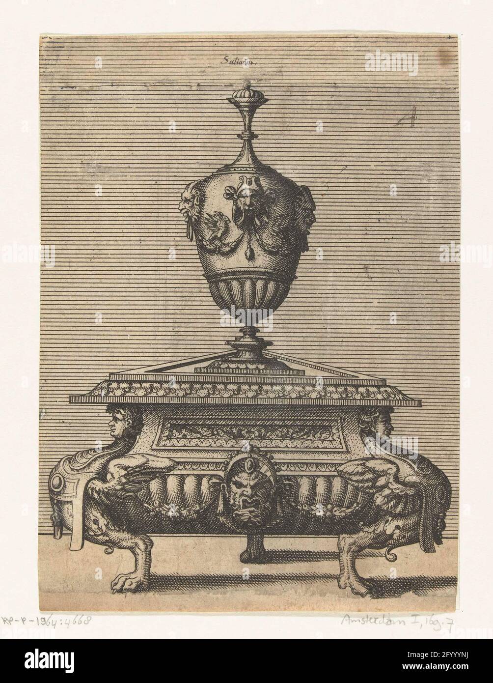 Pepper and salt barrel; Vas Cuius Pars Inferior Sali / Superior Vero Piperi Inseruite; Salt barrel. The triangular salt barrel is worn by sphinxes. The portion for pepper thereon has the shape of a vase. Horizontal shaded background. Comes from series of 12 sheets. Stock Photo