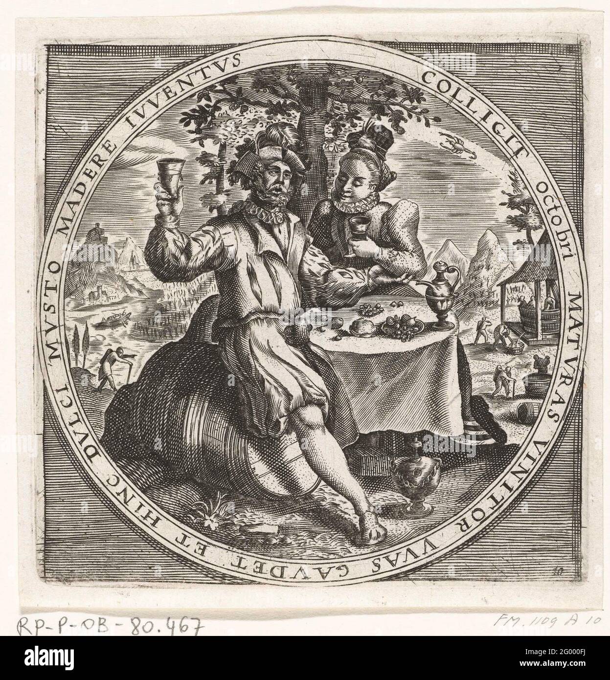 October, wine drinkers, ca. 1600; The twelve months of the year depicted in scenes from national life; Schemata XII Mensium Sius OperationIBUS, & Ad Signa Zodiaci Applicatione, in Quatuor Anni Partes Divisa. Round representation with the month of October. A man and woman drinking wine seated at a table, the man is sitting on a wine barrel. On the right in the background, wine is made, approx. 1600. With the sign of the scorpion. With a peripheral in Latin. PRENT No. 10 In the series of the twelve months of the year, depicted in scenes from popular life. Stock Photo