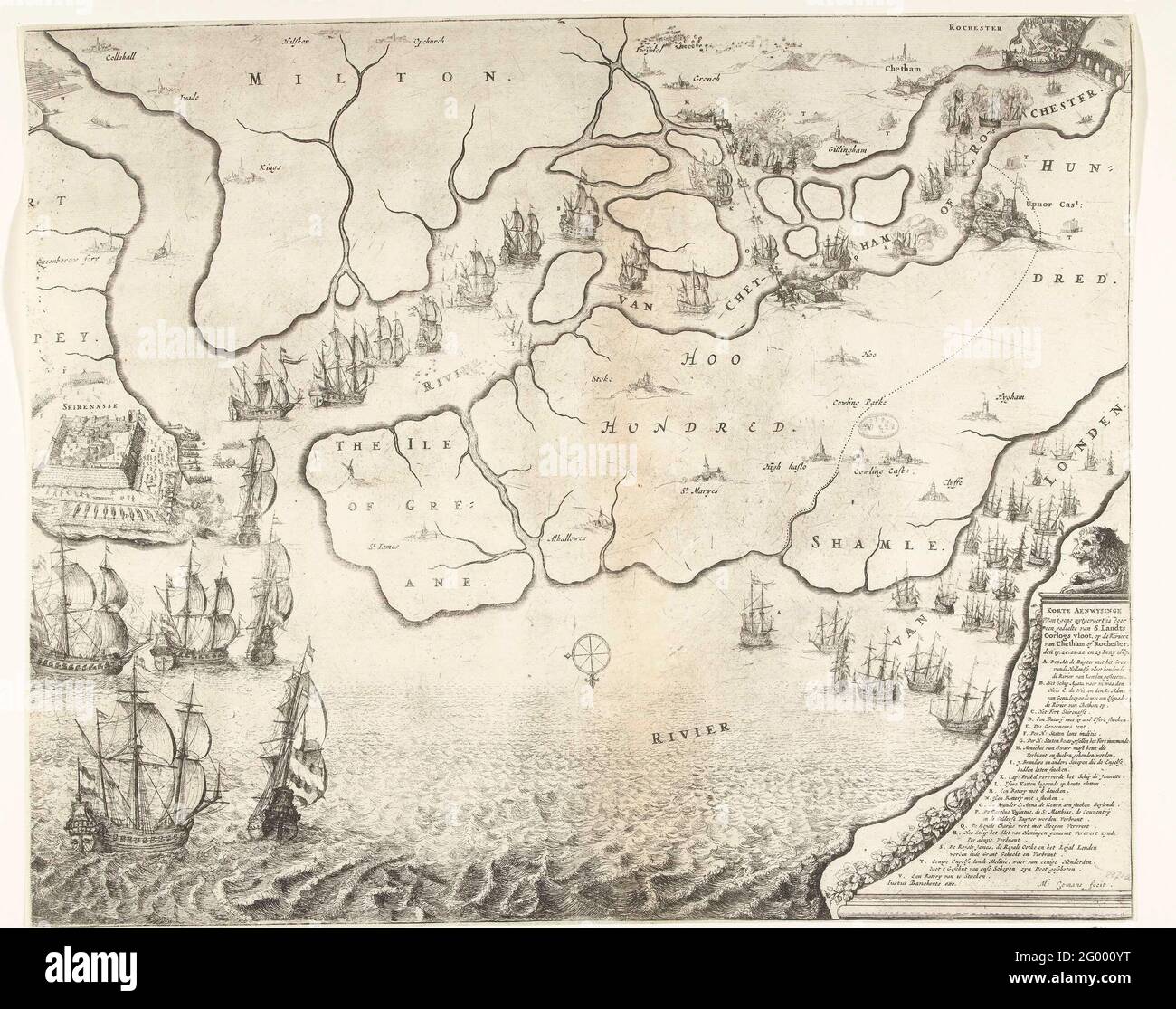 Map of mouth of the Thames with the trip to Chatham, 1667. Map of the mouth of the Thames on which the trip to Chatham has been indicated by the ships of the state fleet under Admiraal de Ruyter, 20-23 June 1667. On the left the struggle around Sheerness, above the Dutch ships on the Medway river. At the bottom right a lion on a pedestal on which the legend A-V. Stock Photo