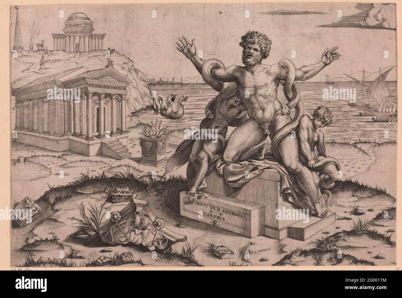 Laocön and his sons. Laocoön and his sons are attacked by two hoses while preparing a sacrificial ritual for a temple for Minerva. In the background the sea with two large seaters. Stock Photo