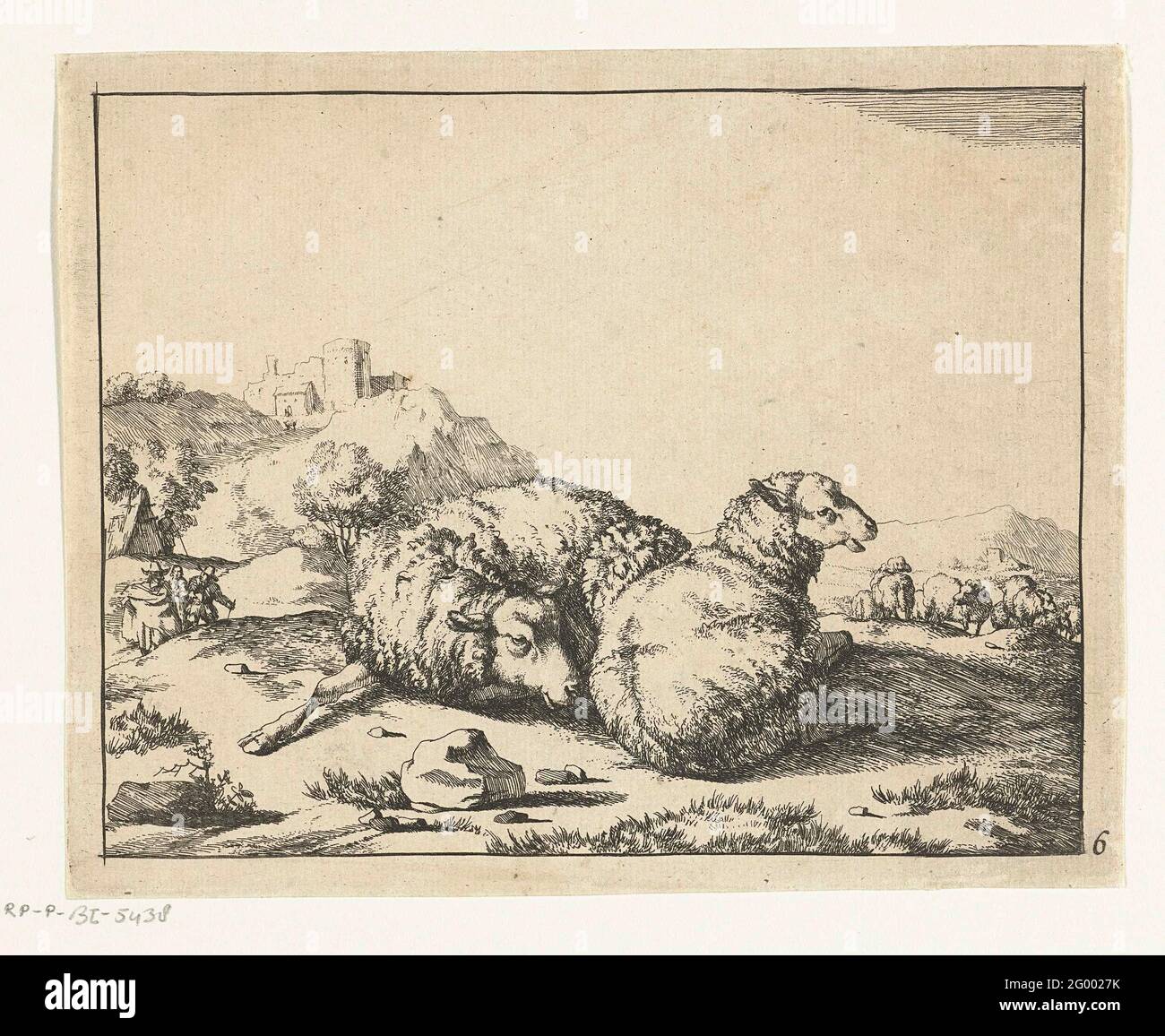 Two lying sheep, mountain village in background; Sheep. Stock Photo