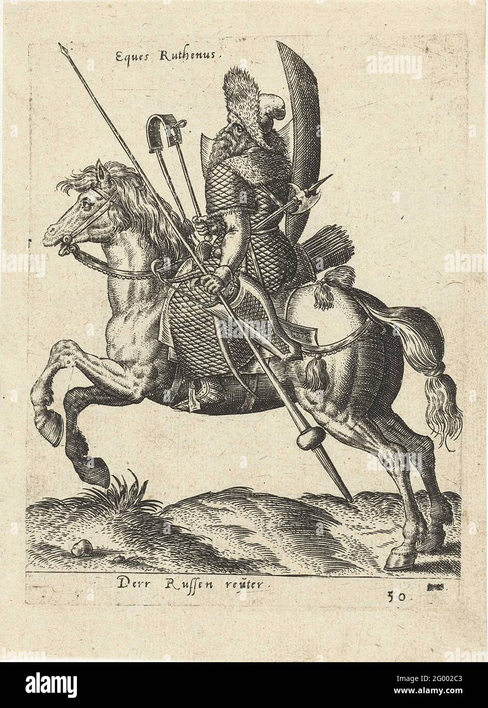 Russian rider; Diversarum Gentium Armatura Equestris. Horse and rider to the left. The horse is in gallop. The rider is dressed russically and has a spear in his hands. The print has a German caption and Latin inscription. Print originally from 'Equitum descripcio ...', 1577. Stock Photo