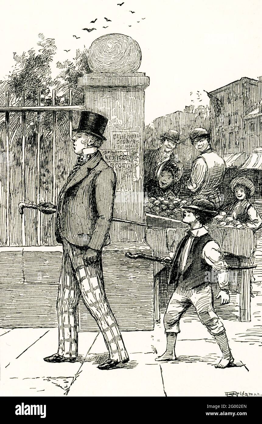 This 1888 illustration shows a New York dandy in 1849. By definition, dandy refers to a man unduly devoted to style, neatness, and fashion in dress and appearance. Stock Photo