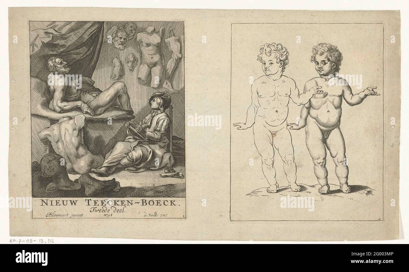 Title page for 'new teecken-boeck. Second part'; New Teecken-Boeck. Do not cut sheet with two performances. Left, a seated young man draws a sculpture. Right on the same sheet, a study of two standing plump putti. Left in contour, right with arrangements. Legal under numbered 1 and 2. Stock Photo